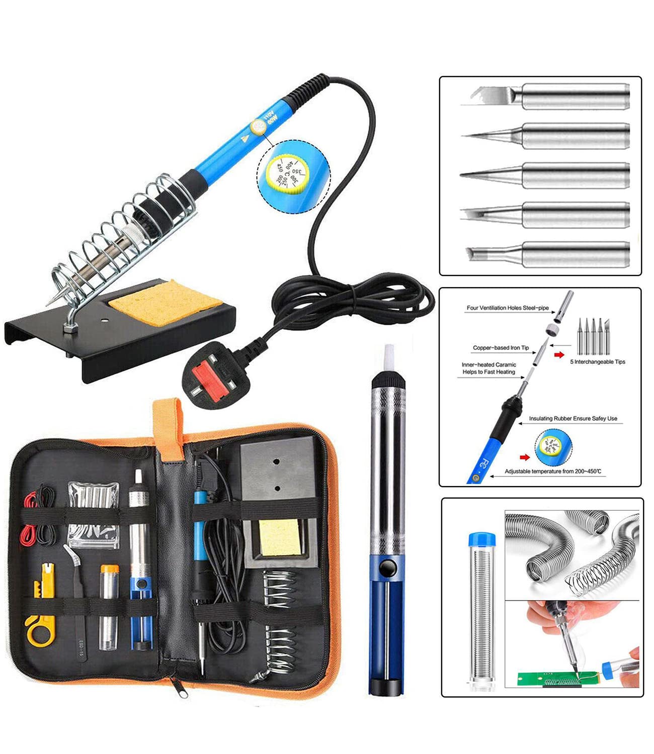 True Face Soldering Iron Kit, 15 in 1, 60W, Adjustable Temp 200-450°C Welding Gun, Desoldering Pump, 5 Tips, Stand, Cleaning Sponge, Tweezers, Wire Stripper Cutter, Carry Bag