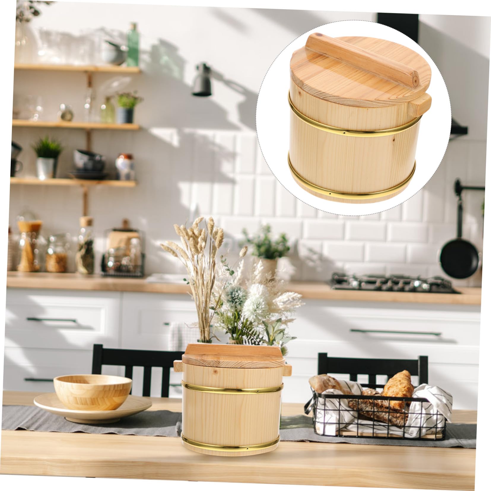 Secchiello per Mescolare Riso Sushi Coperchio Contenitore in Legno Naturale per Servire Riso Giapponese Design Rotondo Facile da Pulire Adatto a Sushi e Bibimbap