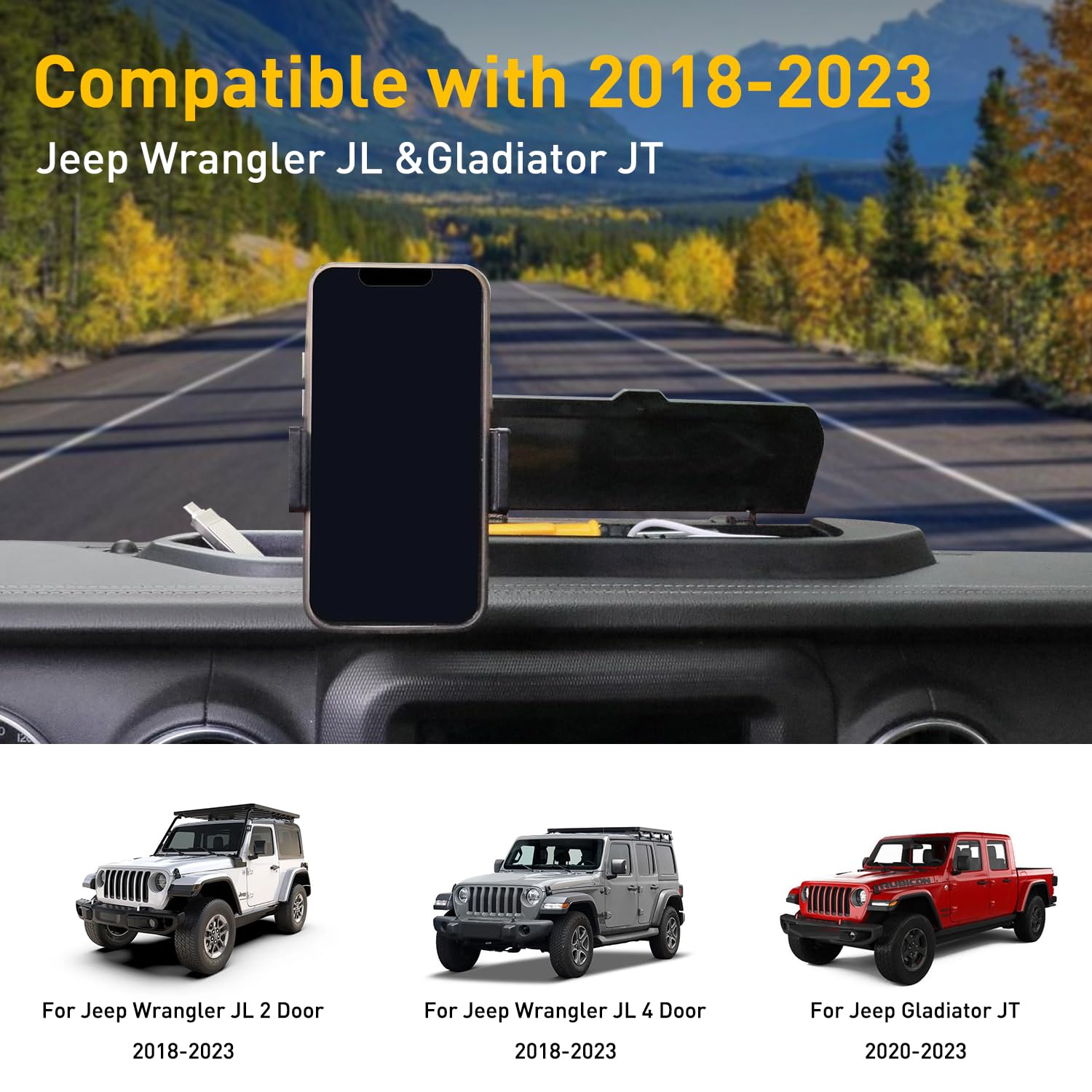 Supporto per telefono da cruscotto compatibile con Jeep Wrangler JL 2/4 porte Gladiator JT 2018, 2019, 2020, 2021, 2022, 2023, accessori per console centrale, vassoio per cruscotto con