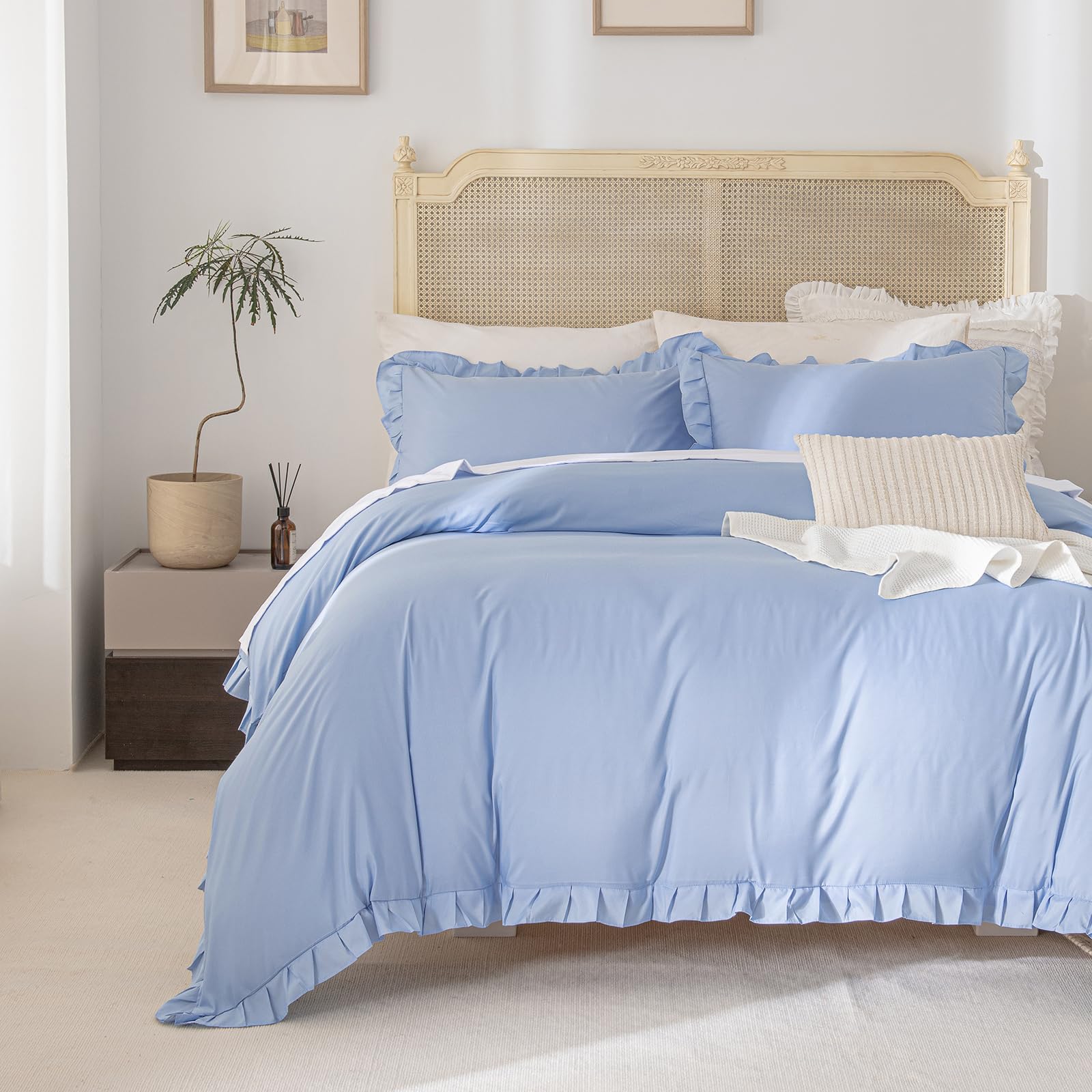 Herside Sky Blue Ruffle Duvet Cover Set Double Farmhouse Bedding Solid Ruffled Fringe Soft Microfibre Boho Bedding Sets 1 Blue Duvet Cover 2 Pillowcases (Sky Blue,Double)