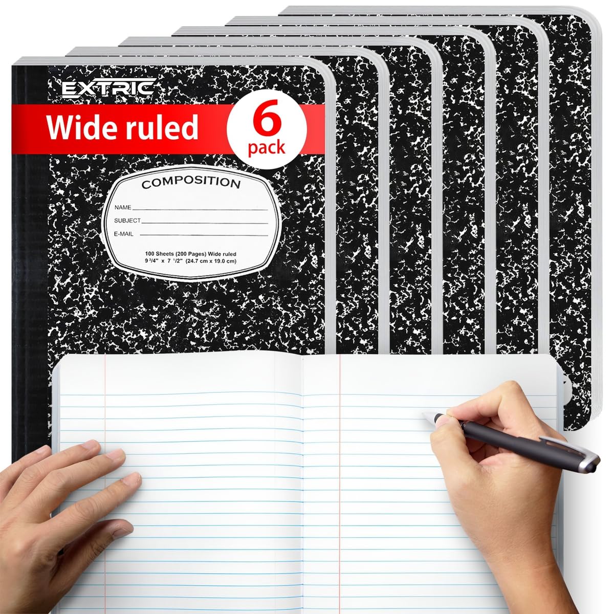 EXTRIC Composition Notebook Wide Ruled – Composition Notebooks for School Supplies 6 Pack, 200 Pages (100 Sheets) Wide Ruled School Notebooks