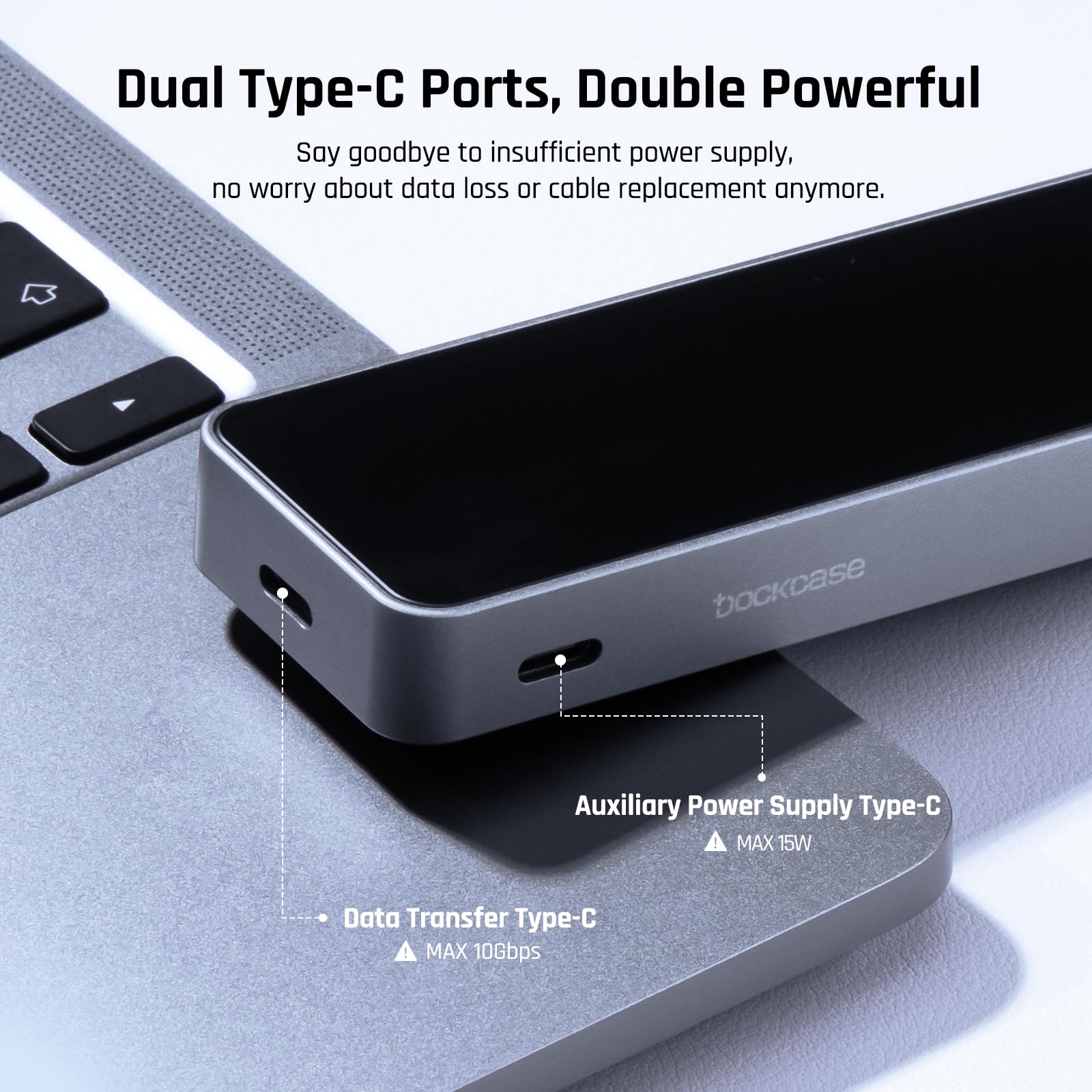 DOCKCASE Smart Case SSD M2 Protezione di Alimentazione di 10s, Rilevamento della salute dell'SSD, Doppie Porte USB-C 3.2 Gen 2 (10Gbps) NVMe Case Supporta NVMe SSD fino a 4TB