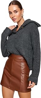 ترنديول جيبة قصيرة محبوكة من الجلد الصناعي بخصر مرتفع للنساء، لون بني، TWOAW24ET00154، مقاس S