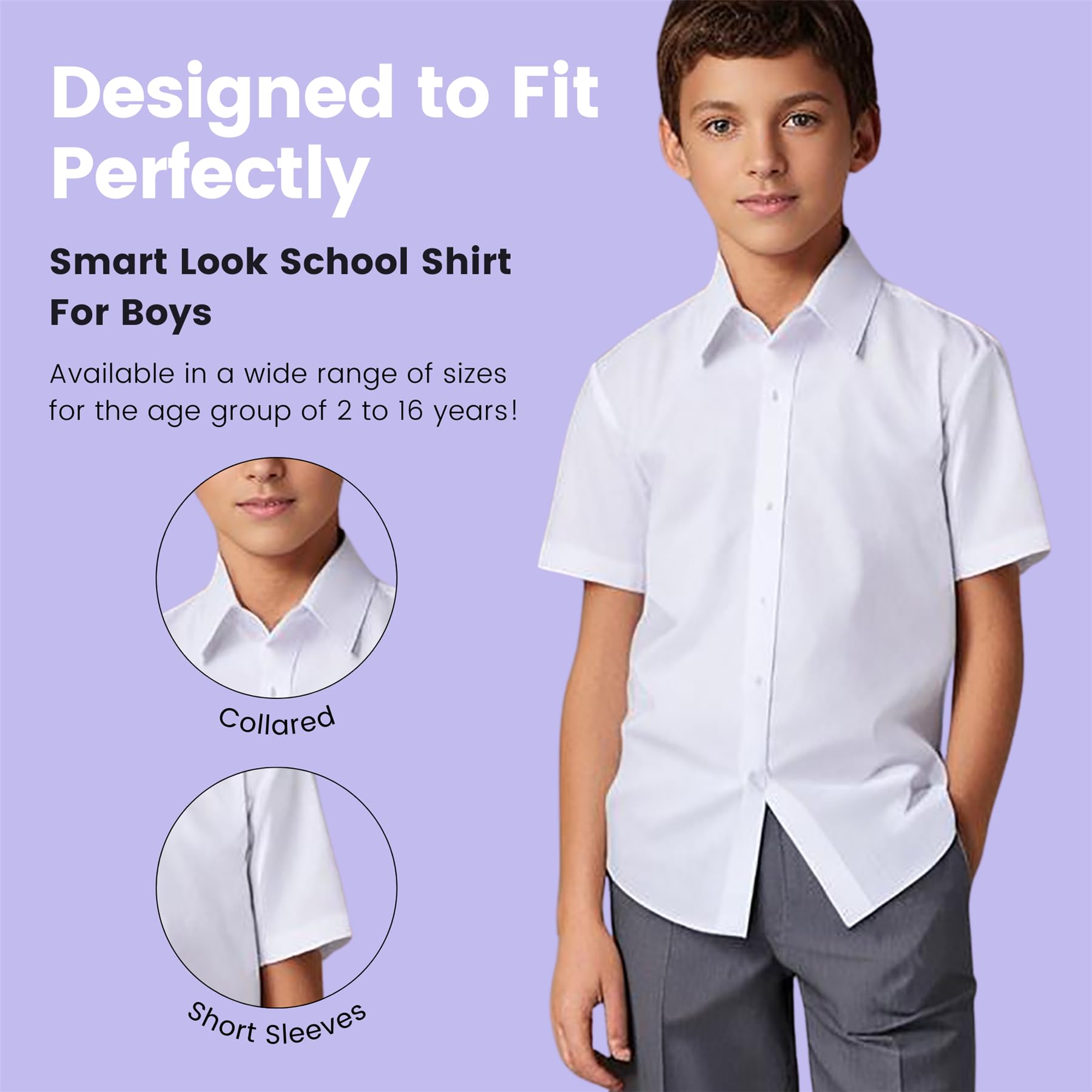 Camisa de uniforme escolar para niños, paquete de 2 camisas de manga corta, camisas escolares abotonadas con bolsillo frontal, camisa lisa de ajuste regular para niños de 3 a 15 años en