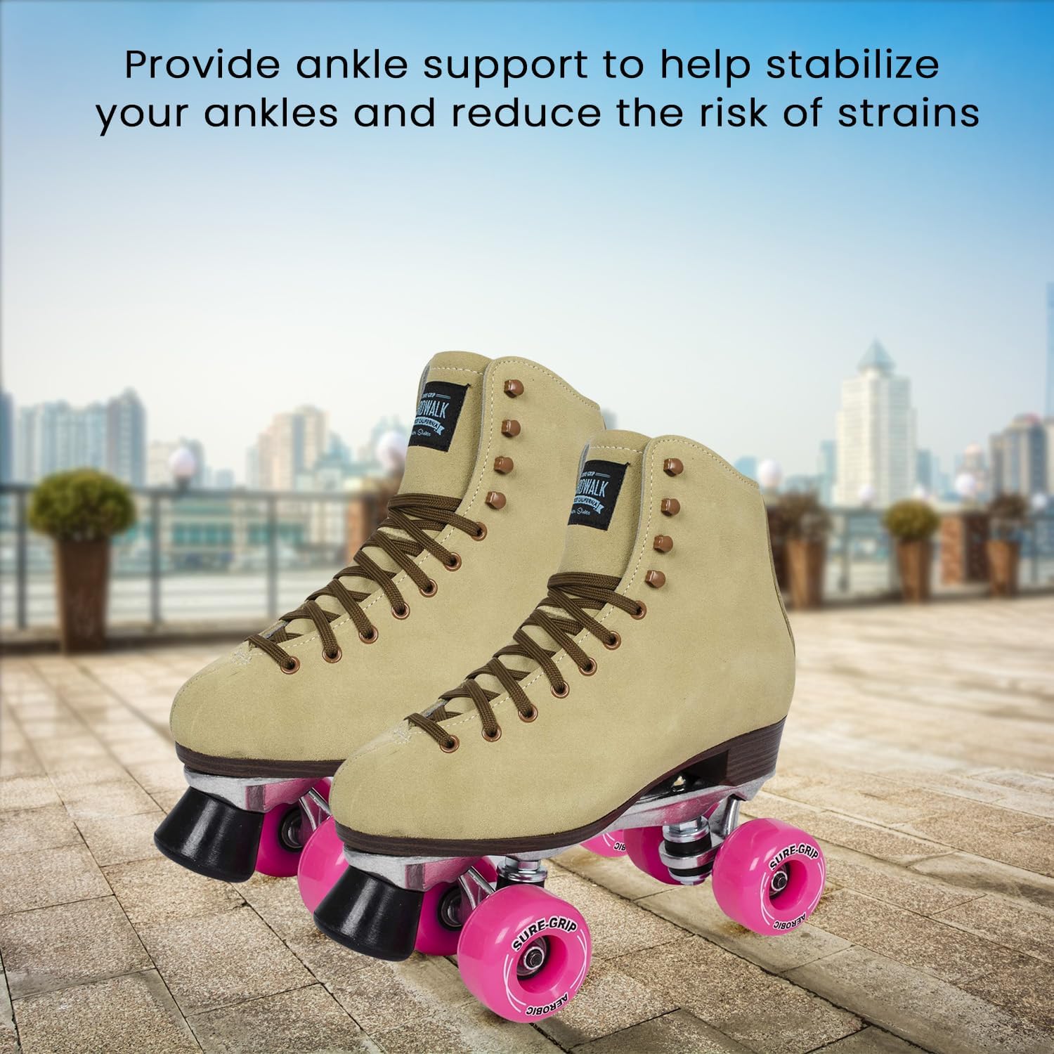 Sure-Grip 1300 Tan Suede Outdoor Roller Skates - Retro Boots with Durable Suede Leather & Polyurethane Aerobic 85A Pink Wheels - ABEC 3 Bearings & Super X Aluminum Plate - Suitable for Men & Women