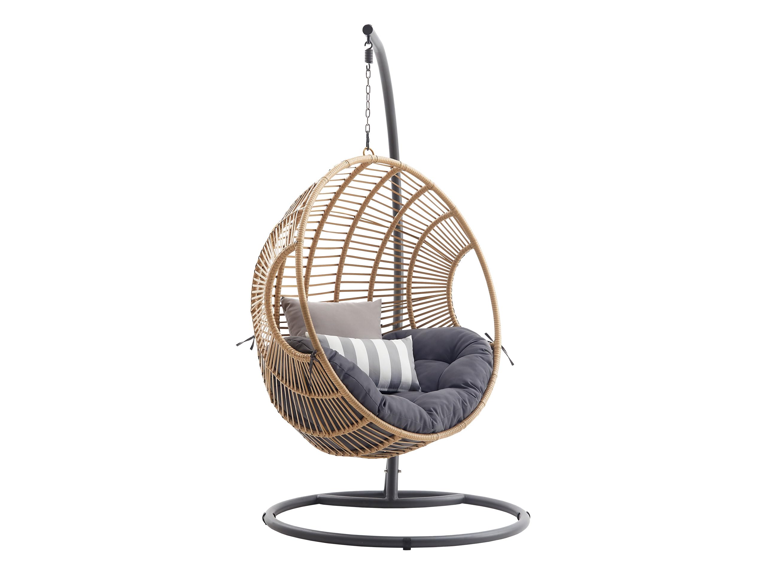 Mirjan24 Hängesessel mit Gestell und Kissen Nora, Hängestuhl mit Rückenkissen, Hängesitz, Hängekorb, Stahlskelett, Indoor & Outdoor (grau/natürliches Rattan + Kissen: grau 17)