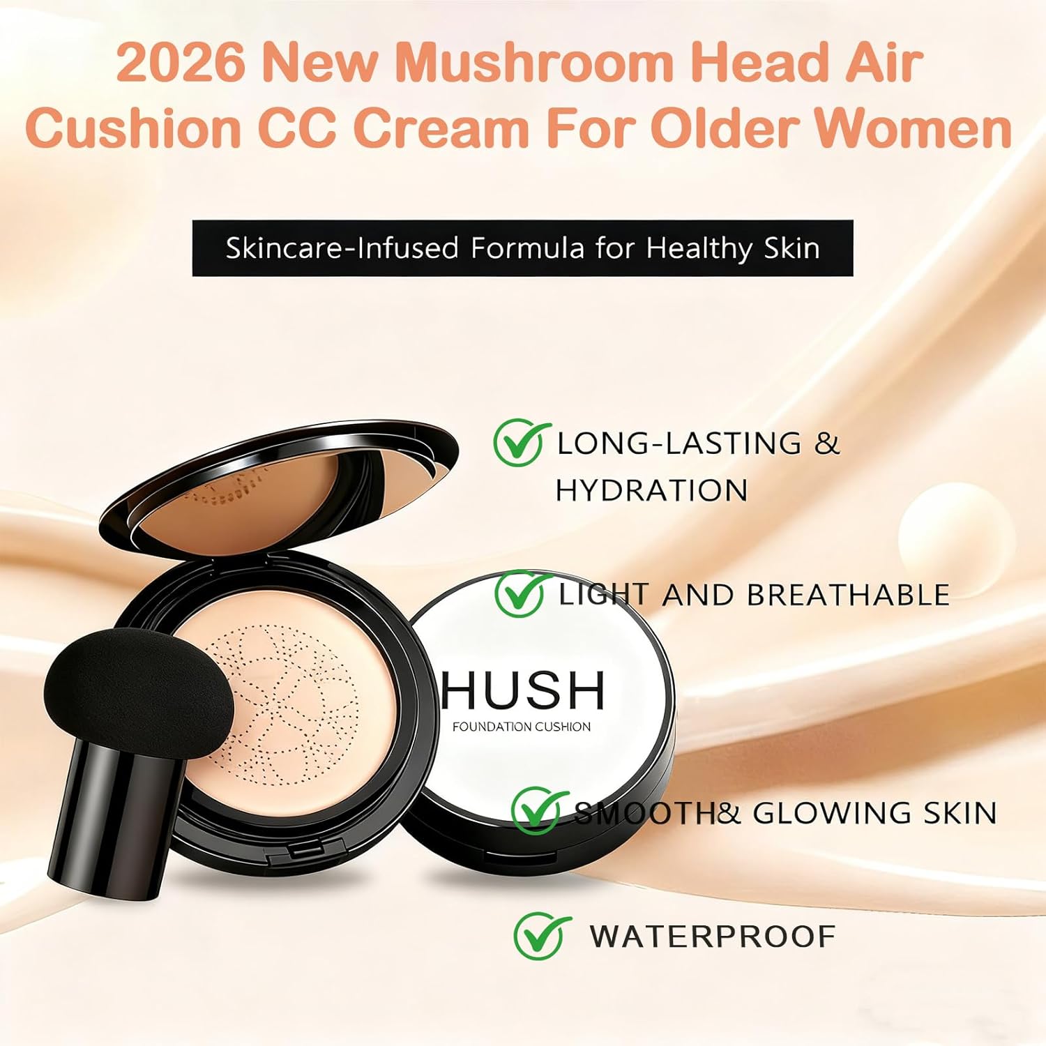Hush Mekeup Foundation for Older Women, Warm Tone Mushroom Head Air Cushion CC Cream BB Foundation Makeup Moisturizing & Long-Lasting Full Coverage Makeup Concealer for Light to Medium Complexions - Image 2