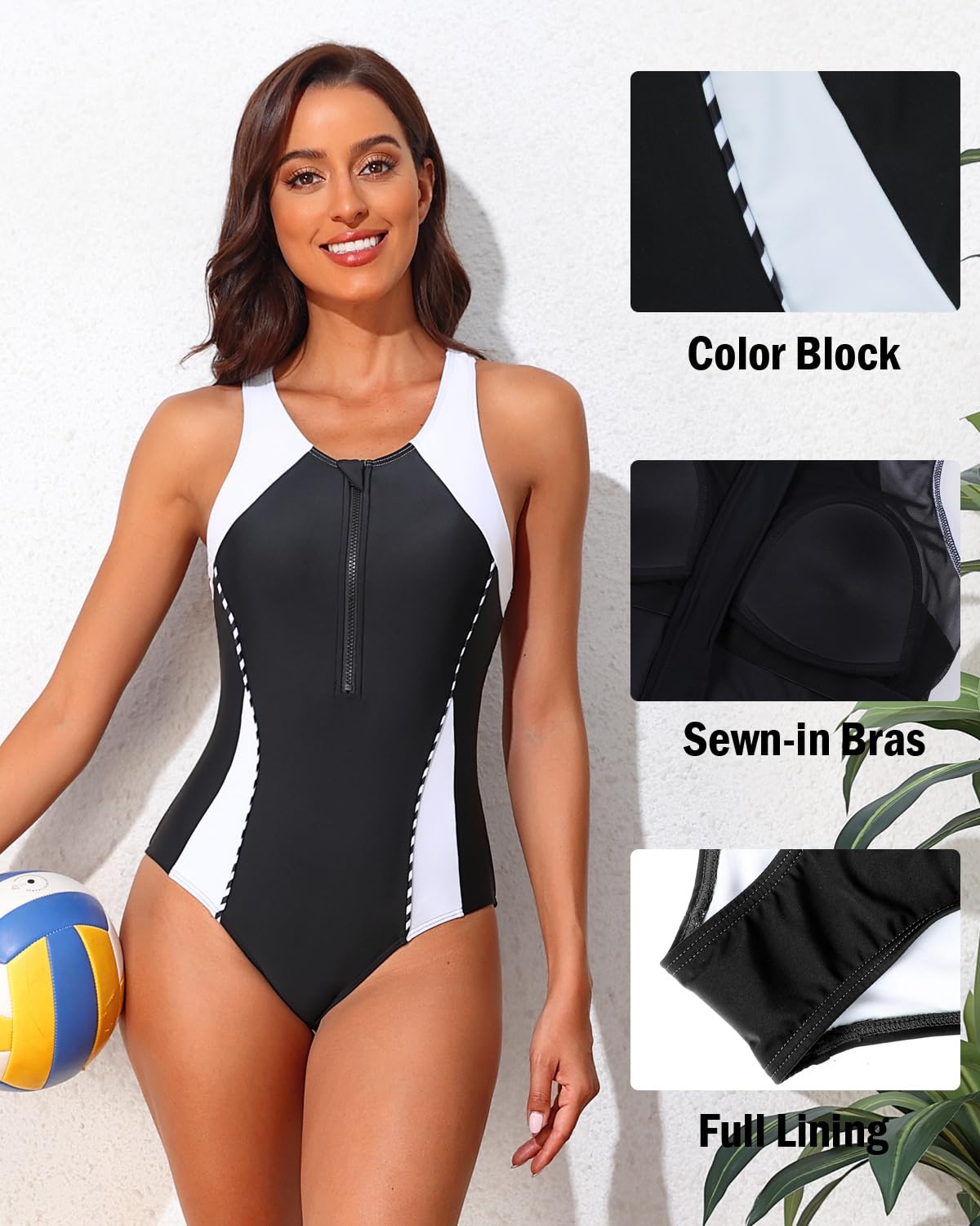 beautyin Traje de baño de una pieza con cremallera frontal para mujer, traje de baño atlético con espalda cruzada