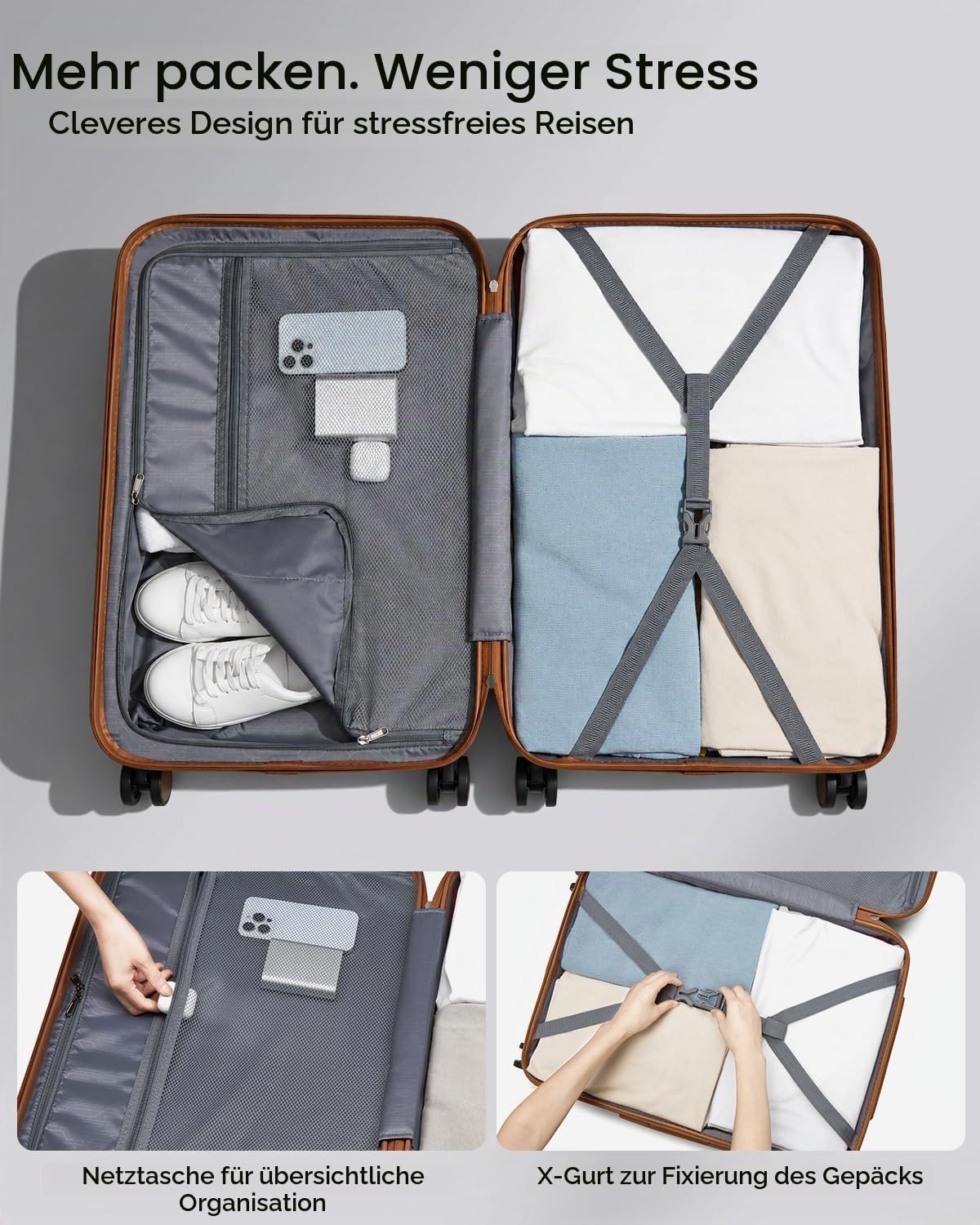 KONO Handgepäck Koffer 55x40x20 cm, Hartschalenkoffer aus ABS+PC, Leichter Reisekoffer mit 4 Rollen, Zahlenschloss und Teleskopgriff für Flugreisen (Creme/Braun)