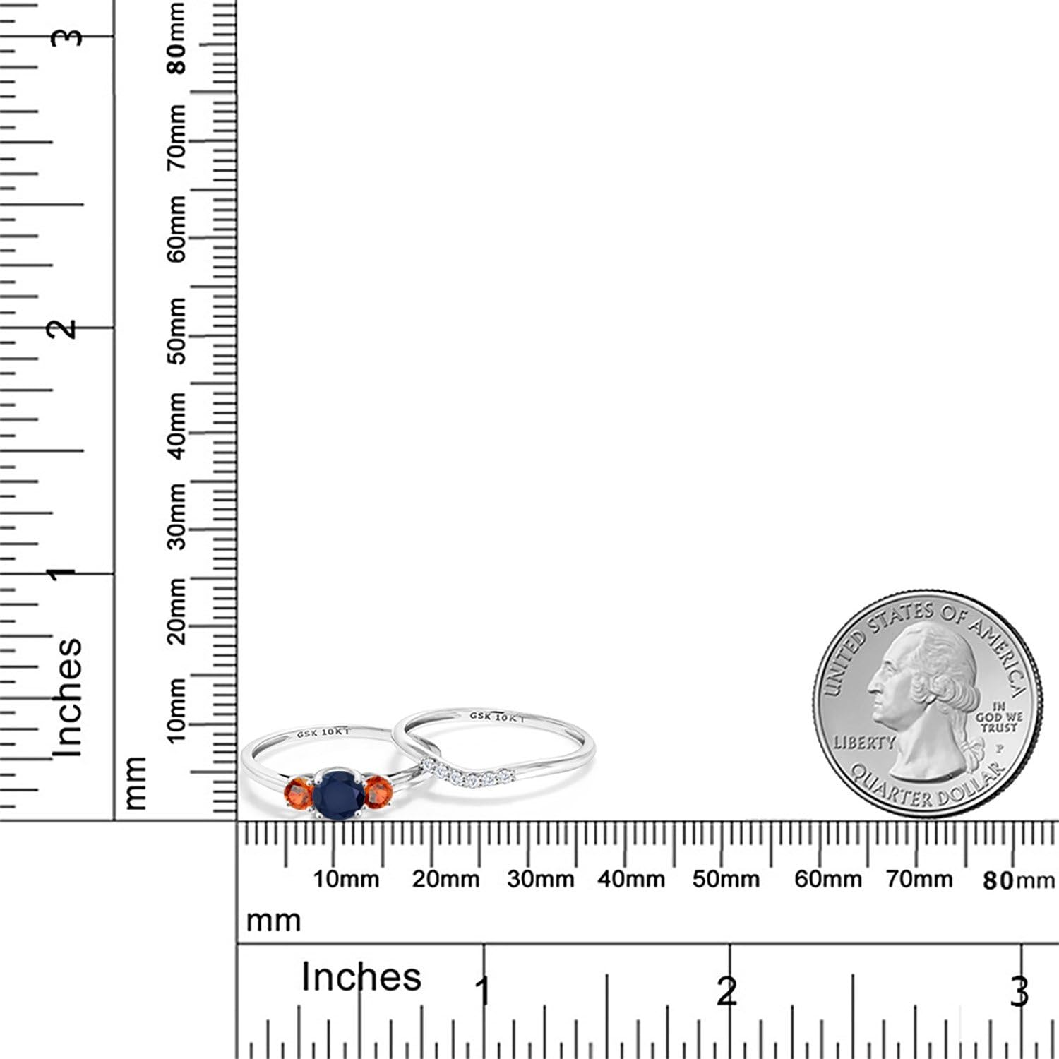 Gem Stone King 10K White Gold Blue Sapphire and Orange Sapphire and Lab Grown Diamond 3-Stone Bridal Engagement Wedding Ring Set For Women (0.93 Cttw, September Birthstone, Round 5MM)