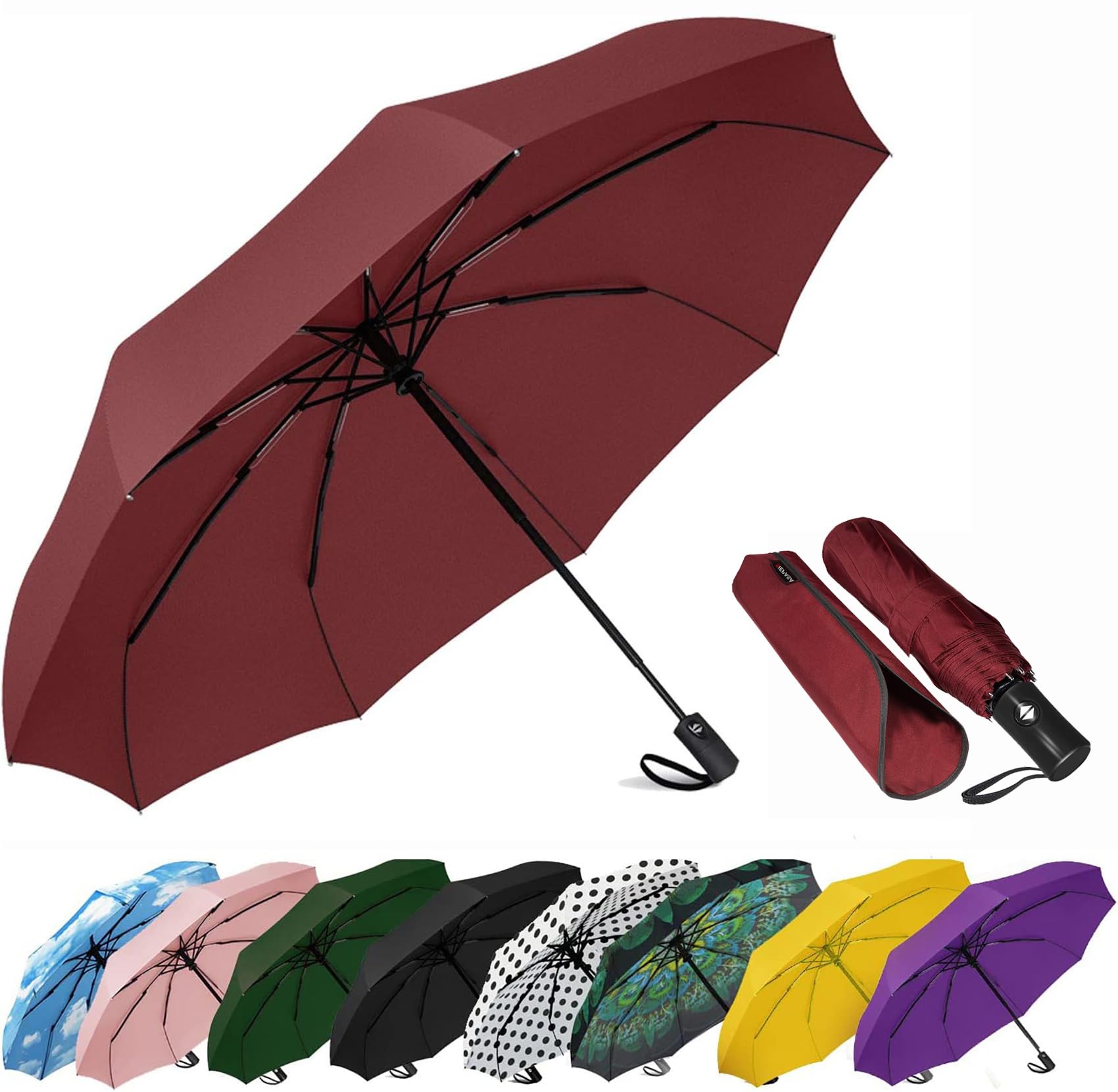 SIEPASA Windproof Travel Compact Umbrella-Automatic Umbrellas for Rain, Portable Umbrella, Windproof Umbrellas for Men, Women, Teenage. (Wine Red)