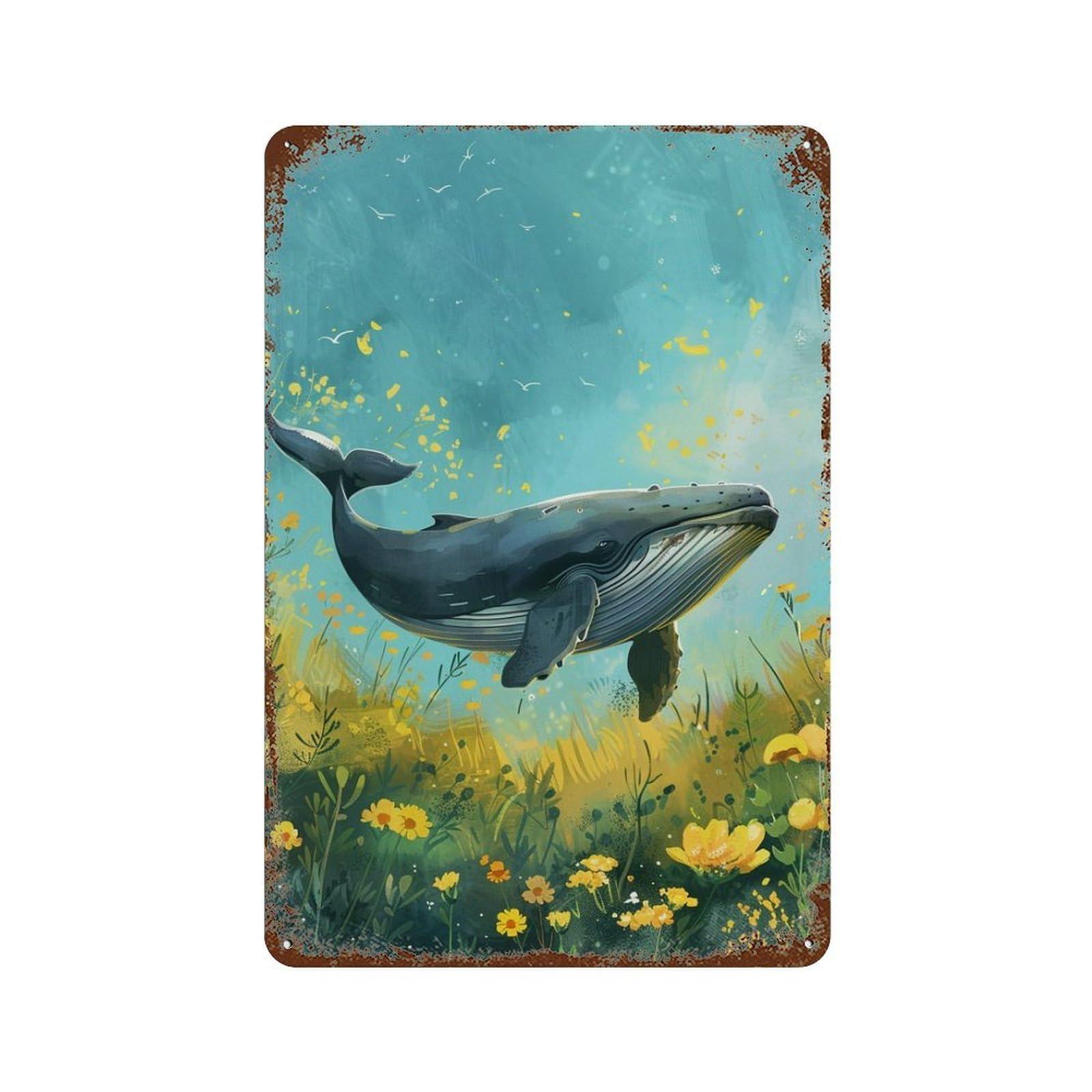 Whale in Yellow Flowers Vintage Wall Sign 11.8"x7.9", Rust Effect Metal Decor for Garage, Bar And Workshop Decor