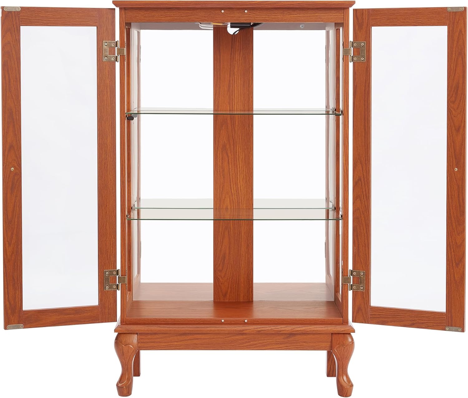 Curio Cabinet with Tempered Glass Doors, Lighted Display Cabinet with Mirrored Back Panel and Adjustable Shelves, Floor Glass Storage Cabinets Wooden Organizer Unit for Living Room (Dark Oak)