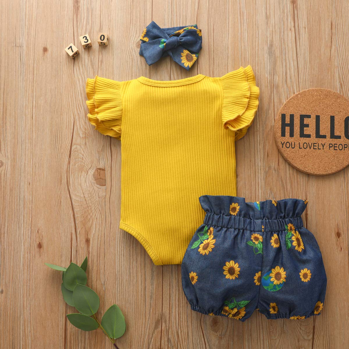 3Pcs Floral Newborn Baby Girl Clothes Sunflower Pants Shorts Outfit Set 0-18M (Yellow Short Sleeved,12-18 Months)