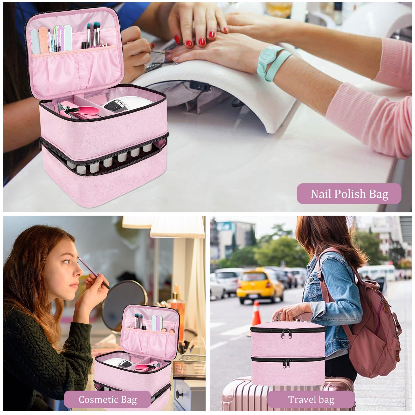 ADERTOS Borsa Porta Smalti a 2 Strati Organizzatore per Smalto Impermeabile Pochette Porta Smalti in Nylon per 30 Flaconi a 15 ml Valigetta Porta Smalti e Lampada Unghie UV, 25*20*19cm, Rosa Chiaro