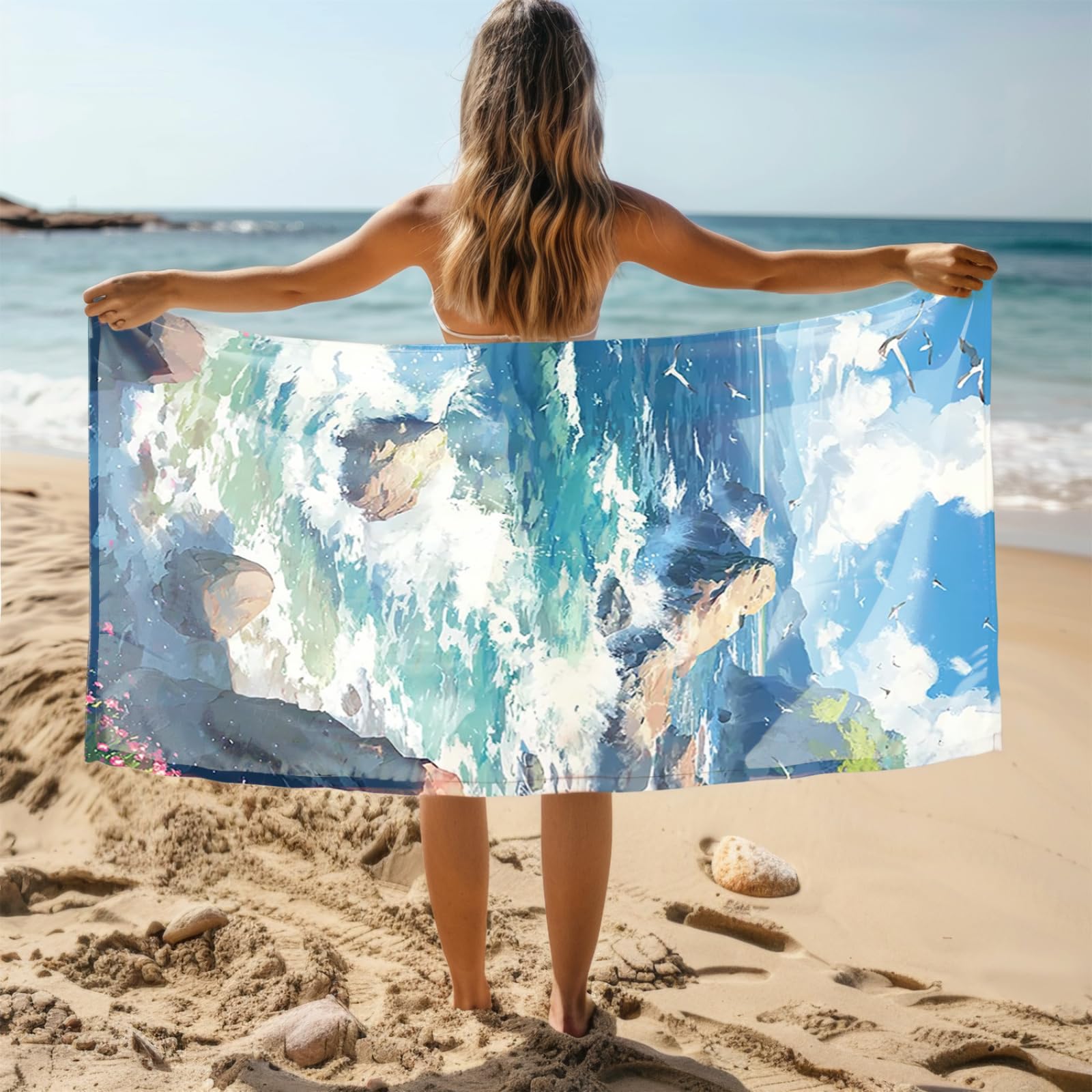 Tapis de Plage XXL Anti Sable Plage Seagull Bleu Serviette Piscine Adulte,Natte De Plage Pliable, Voyage Accessoires De Plage Camping,Serviette de Bain Personnalisée