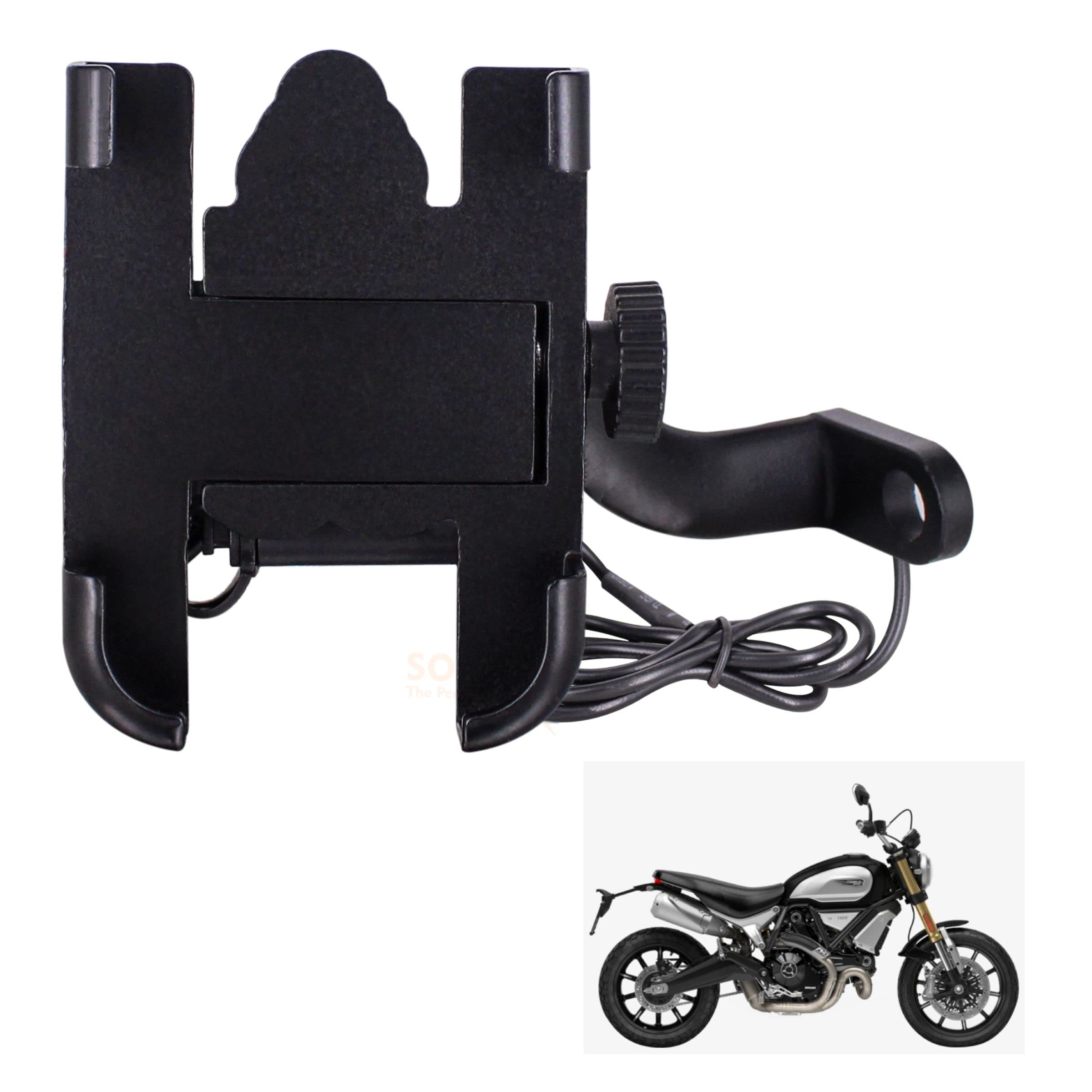 Asryd CNC Bike Mount Holder for Navigation 360 Degree Rotating Handlebar Metal Body Cradle Stand Fits for All Smartphones (CNC Metal Holder with USB Charger) for Ducati Scrambler 1100 (Pack of 1Pcs)