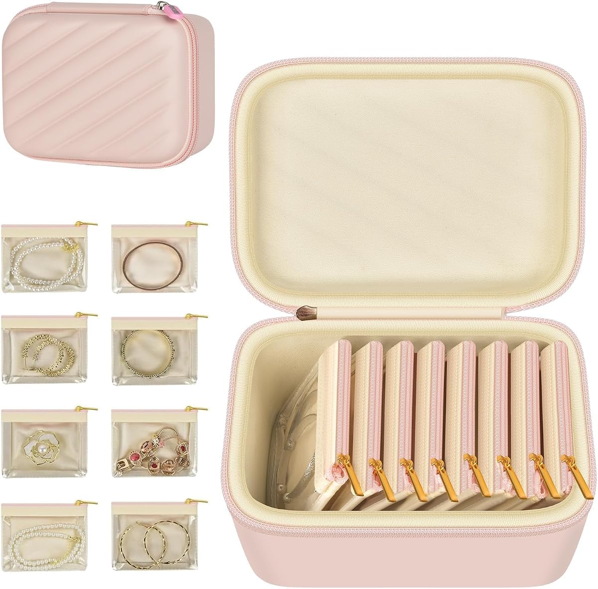 GWCASE Joyero de viaje grande para mujer con 8 bolsas de terciopelo | Organizador impermeable de PU para collares, relojes, cajas de anillos y brazaletes, almacenamiento antienredos para viajes largos, solo estuche, rosa