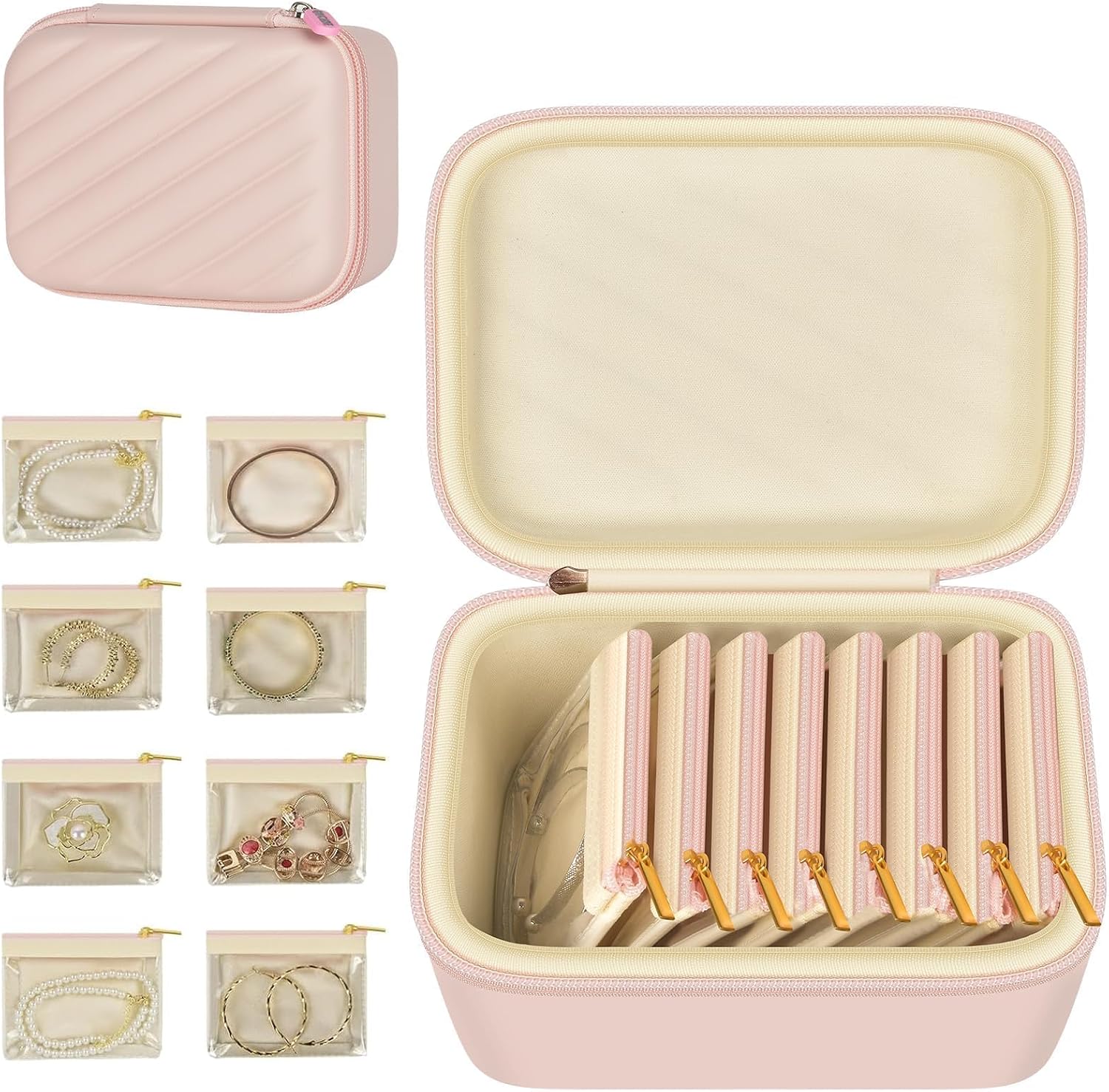 GWCASE Large Travel Jewelry Case for Women with 8 Velvet Pouches