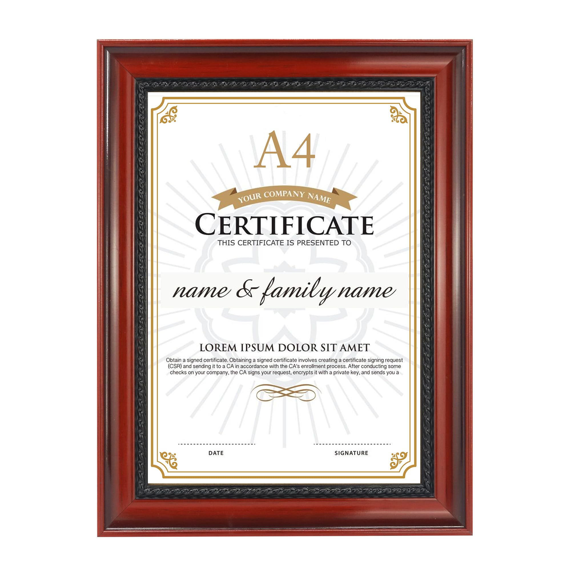 GraduatePro Cornice per Certificati A4 in Legno Massello Finitura Ciliegio Cornice per Diploma di Laurea con Intricati Dettagli in Corda Nera