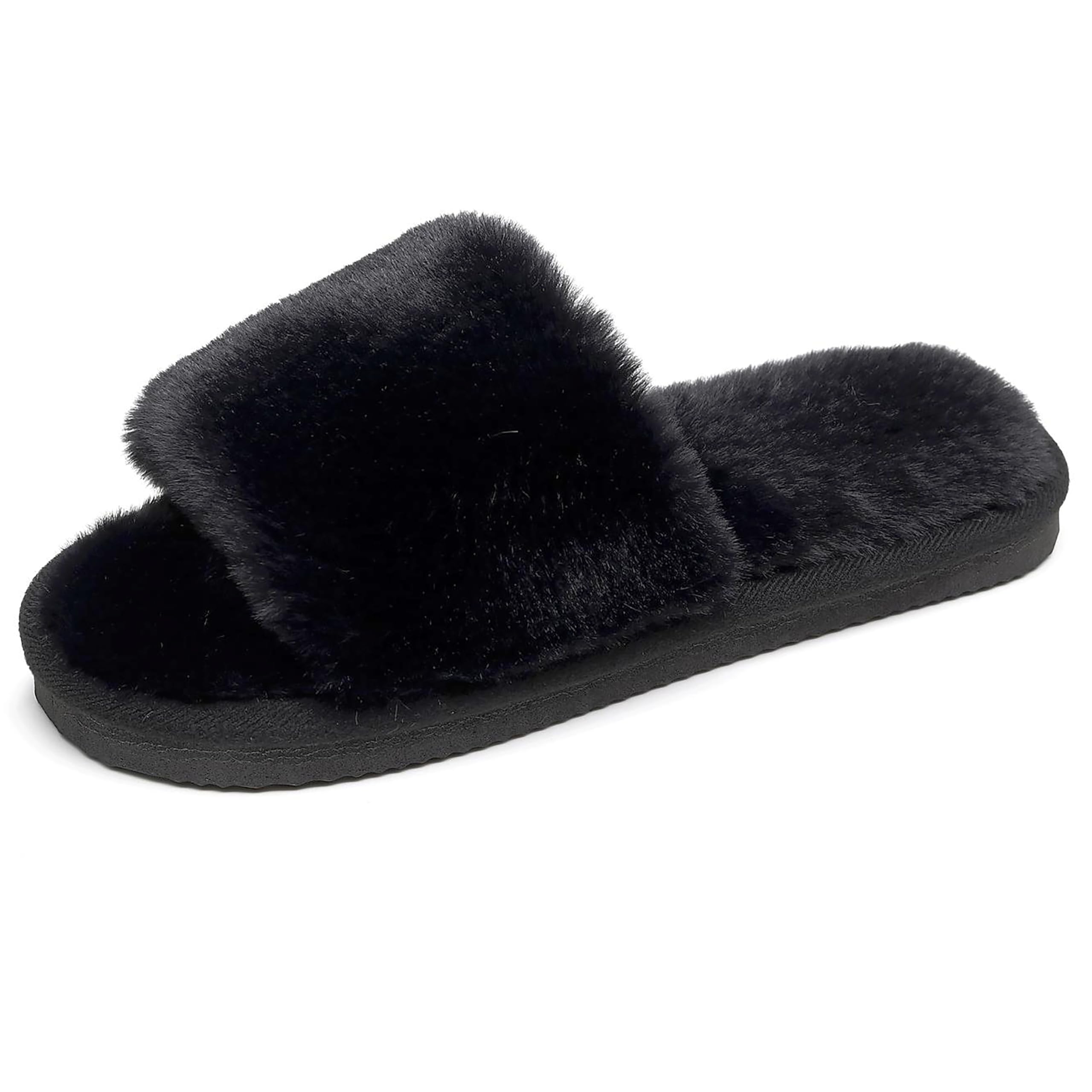Women's Fuzzy Fluffy Furry Fur Slippers Flip Flop Open Toe Cozy House Memory Foam Sandals Slides Soft Flat Comfy Anti-Slip Spa Indoor Outdoor Slip on