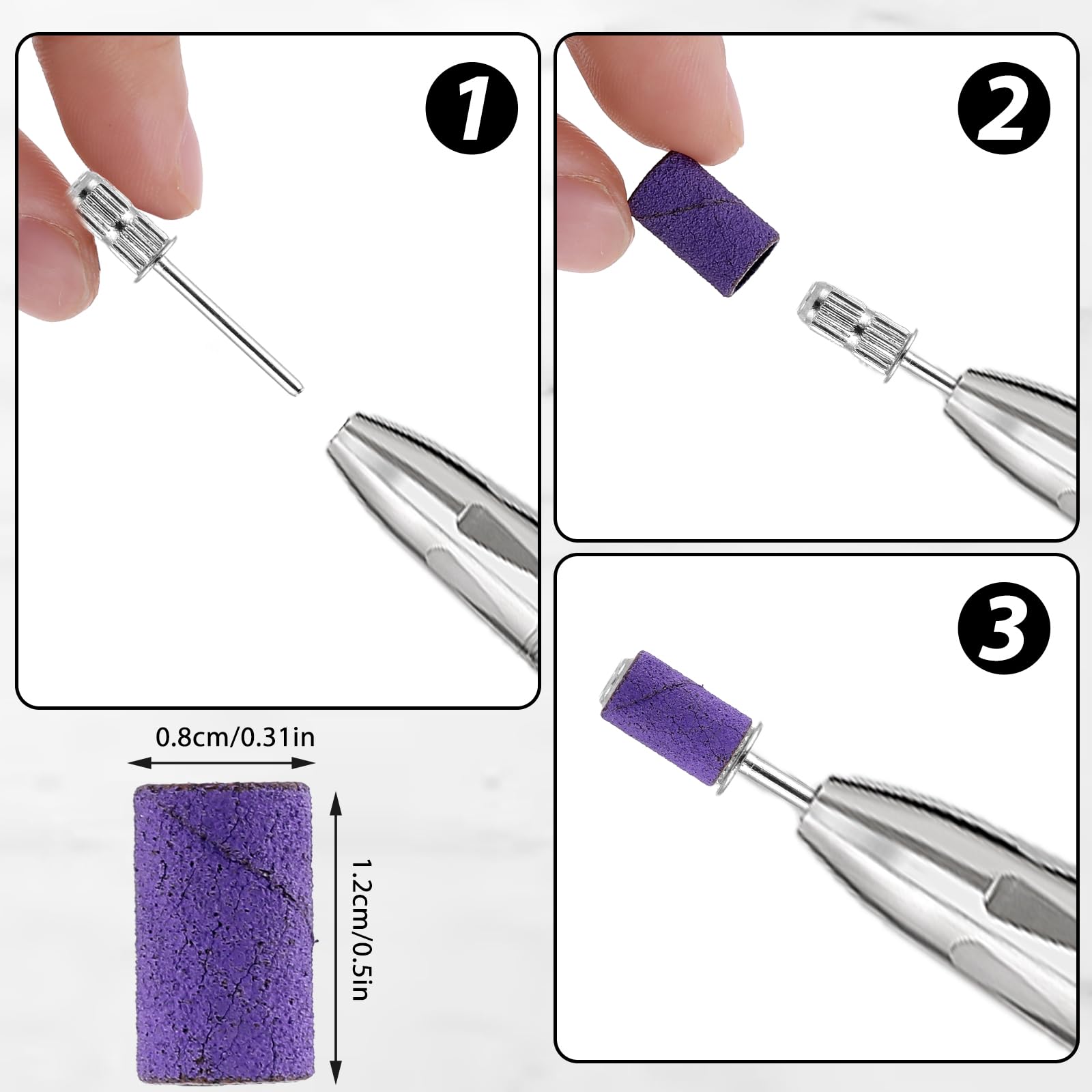 Prasacco 100 almohadillas de lijado para uñas, 240 GRIT, manguitos de lijado, fresadora de uñas, color lila, pequeñas bandas de lijado para uñas de 6,5 mm, para uñas de gel, diseño de uñas, arte de