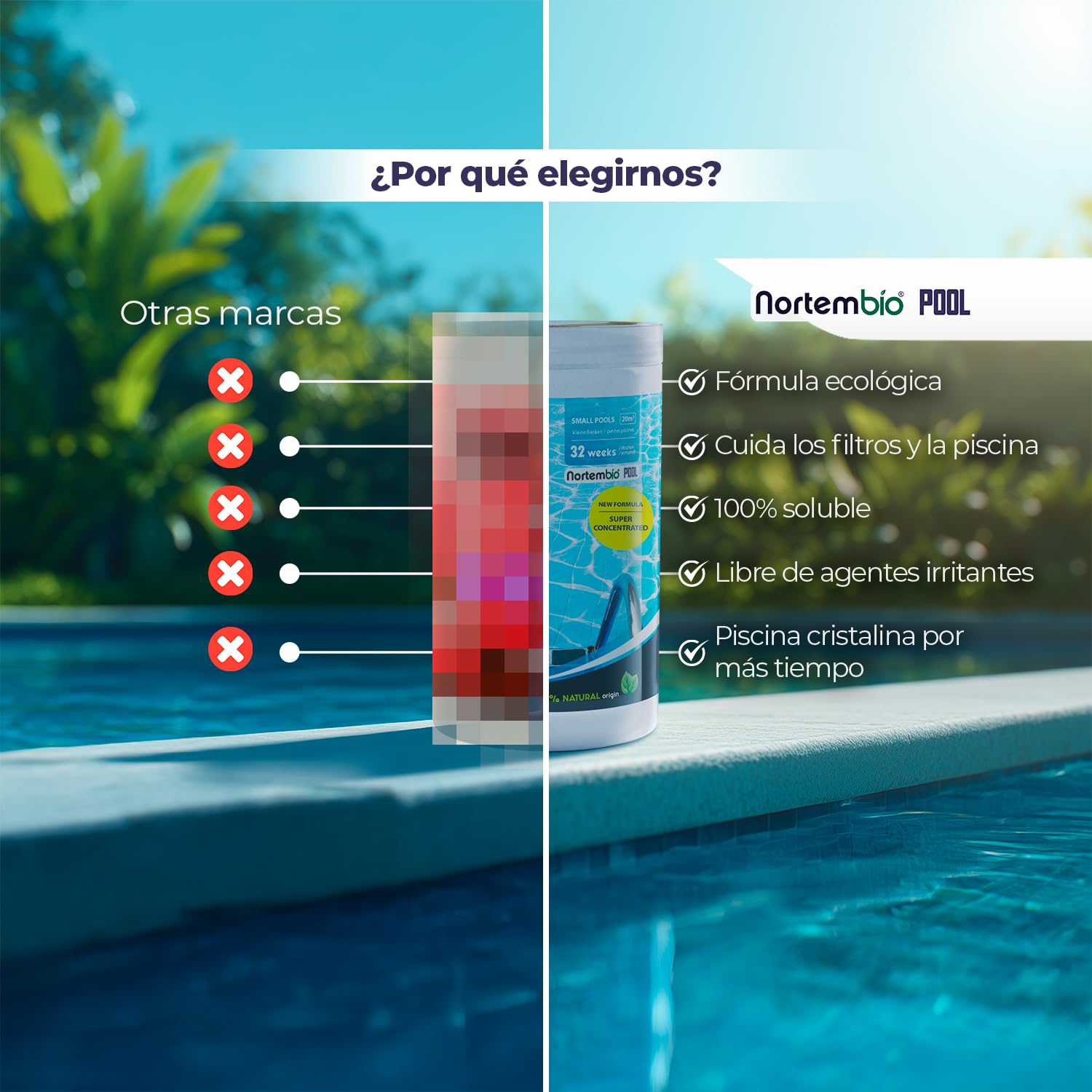 Nortembio Floculante Piscina Concentrado Clarificante Agua Turbia Piscina Pequeña Formato Ahorro 8 Semanas 100% Natural + Gratis eBook Usos y Consejos