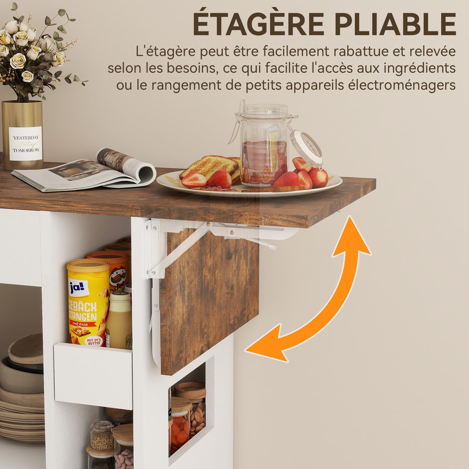 YU YUSING Desserte Cuisine à roulettes avec Plan de Travail Extensible 104x40cm, 4 Étagères, 2 Tiroirs, 1 Porte, Îlot Central Cuisine Mobile, Meuble Micro-Ondes, Blanc/Marron