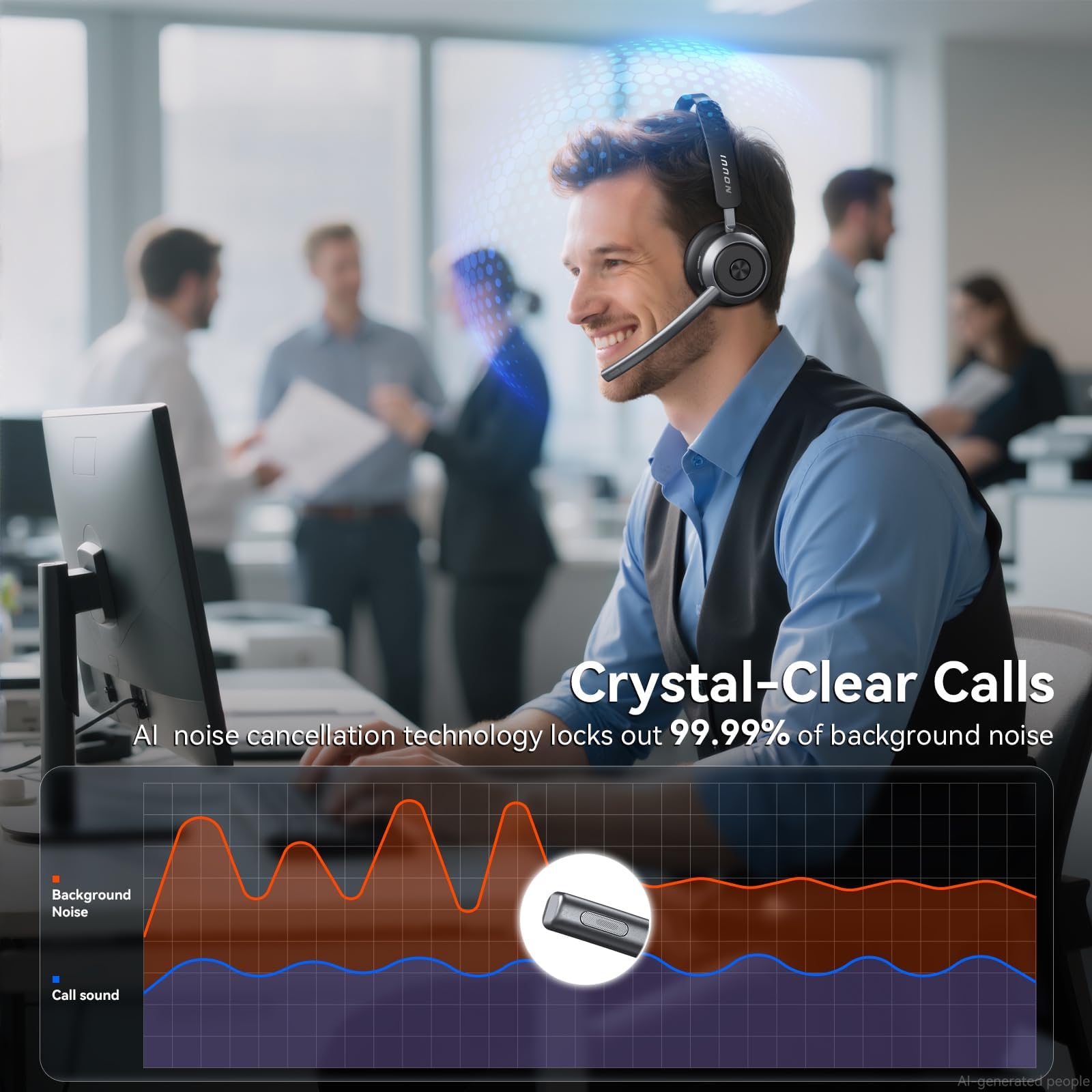 Cuffie wireless con microfono per lavoro, cuffie wireless con microfono (cancellazione del rumore e pulsante muto), batteria 65H con base di ricarica, cuffie Bluetooth con microfono per PC/Call Center