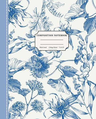 Vintage Botanical Composition Notebook Pastel Blue Floral Print Cottagecore Aesthetic Journal, Cute Notebook For Girls, Stitched Detail Effect,