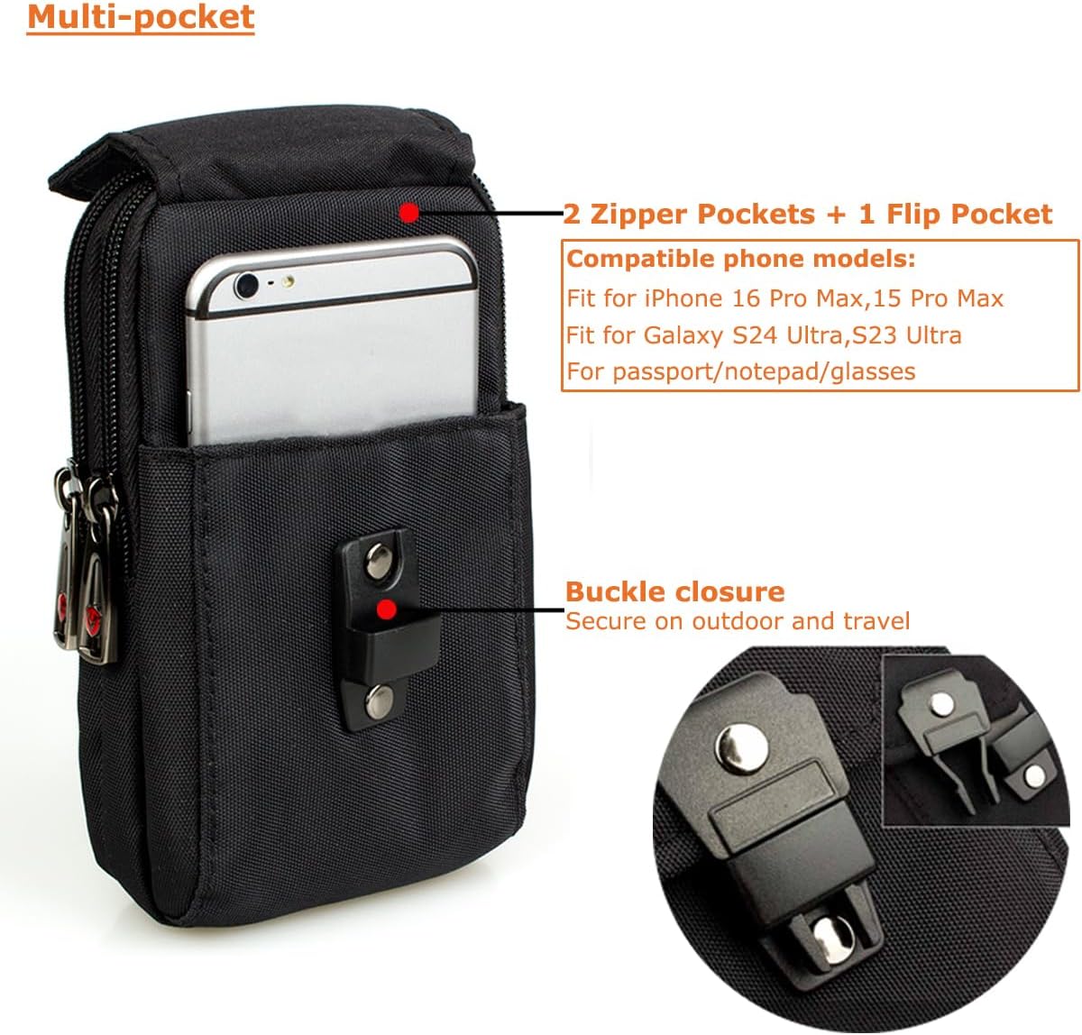 Large Multi-Purpose Nylon Cell Phone Belt Holster for iPhone 16 Pro Max Case 15 Pro Max Galaxy S25 Ultra A15 5G Universal Dual Smartphone Pouch with Belt Loop Clip for Men for 2 Mobile Phones image 2 of 8 B016BP0D1S