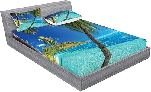 Miniatura 96 de Ambesonne Juego de sábanas bajeras y fundas de almohada con diseño de gato durmiendo en luna creciente, estrellas, sueños nocturnos, juego de ropa