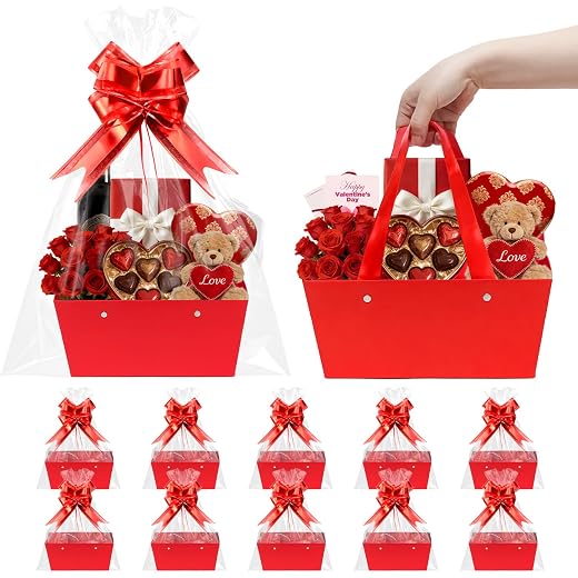 Pacote com 12 cestas para presentes, kit de cesta de presente vazia, sacos de presente com alças, kit faça você mesmo para embrulhar pacotes de festa de casamento (vermelho)