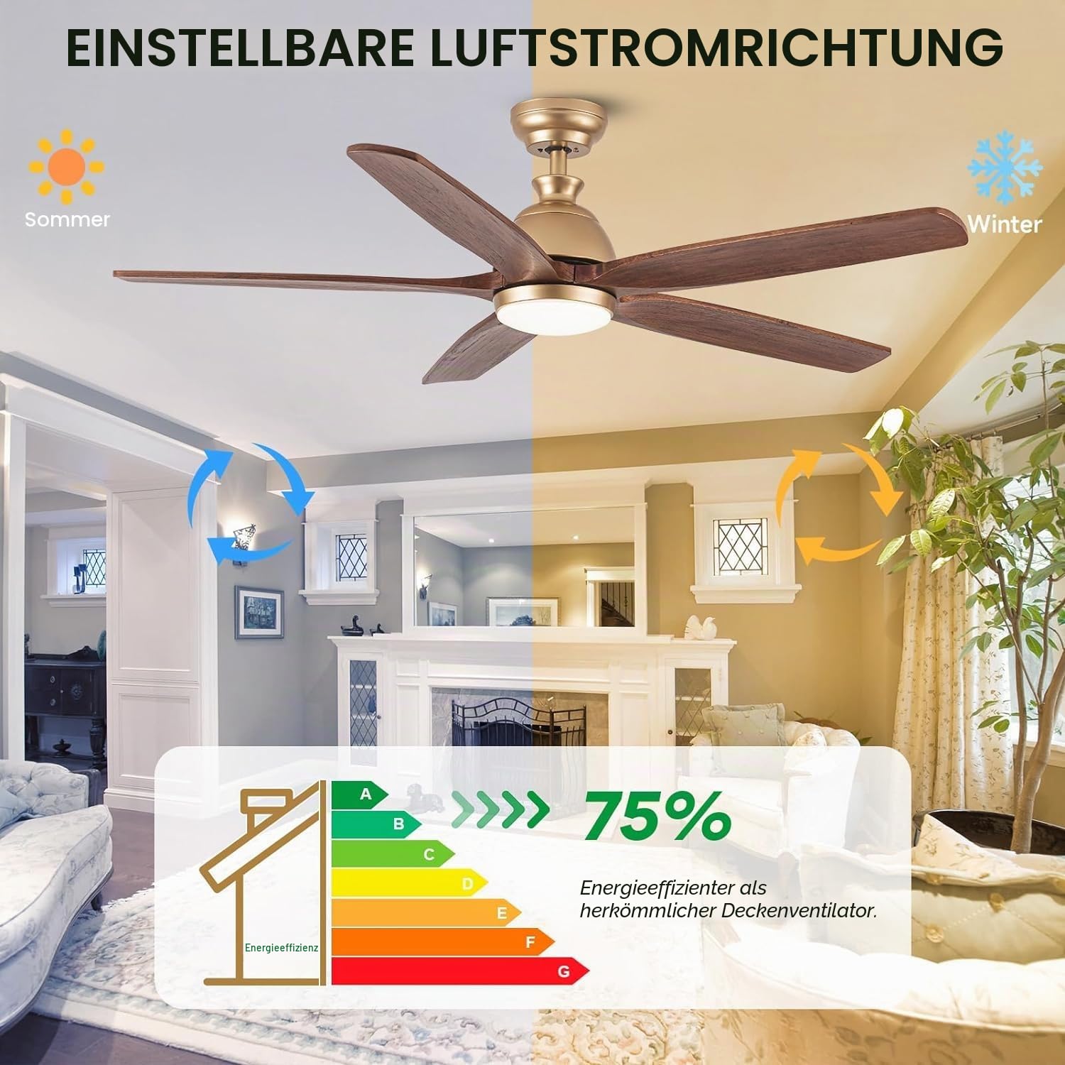 132cm-Deckenventilator mit Lichtern, Flügel aus massivem Holz, moderner goldener Deckenventilator, feuchtigkeitsgeschützter Deckenventilator für Terrassen, leiser DC-Motor, Gold + Walnuss