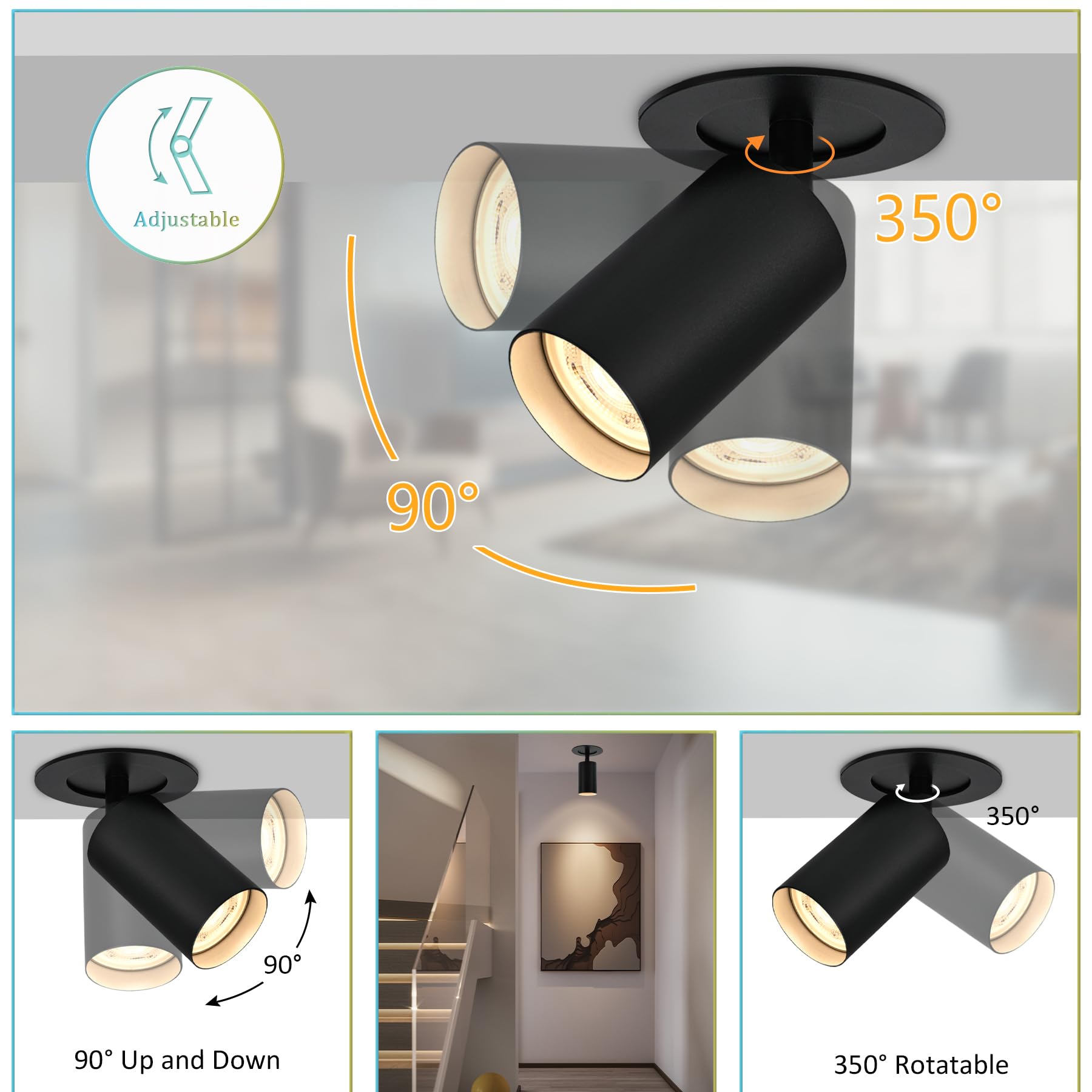 2x GU10 Lámpara de Techo Negra, Focos LED Interior Techo Orientables y Giratorios, Lámpara de techo con anillo frontal extraíble para Salon, Dormitorio, Pasillo, Comedor, Sin Bombilla