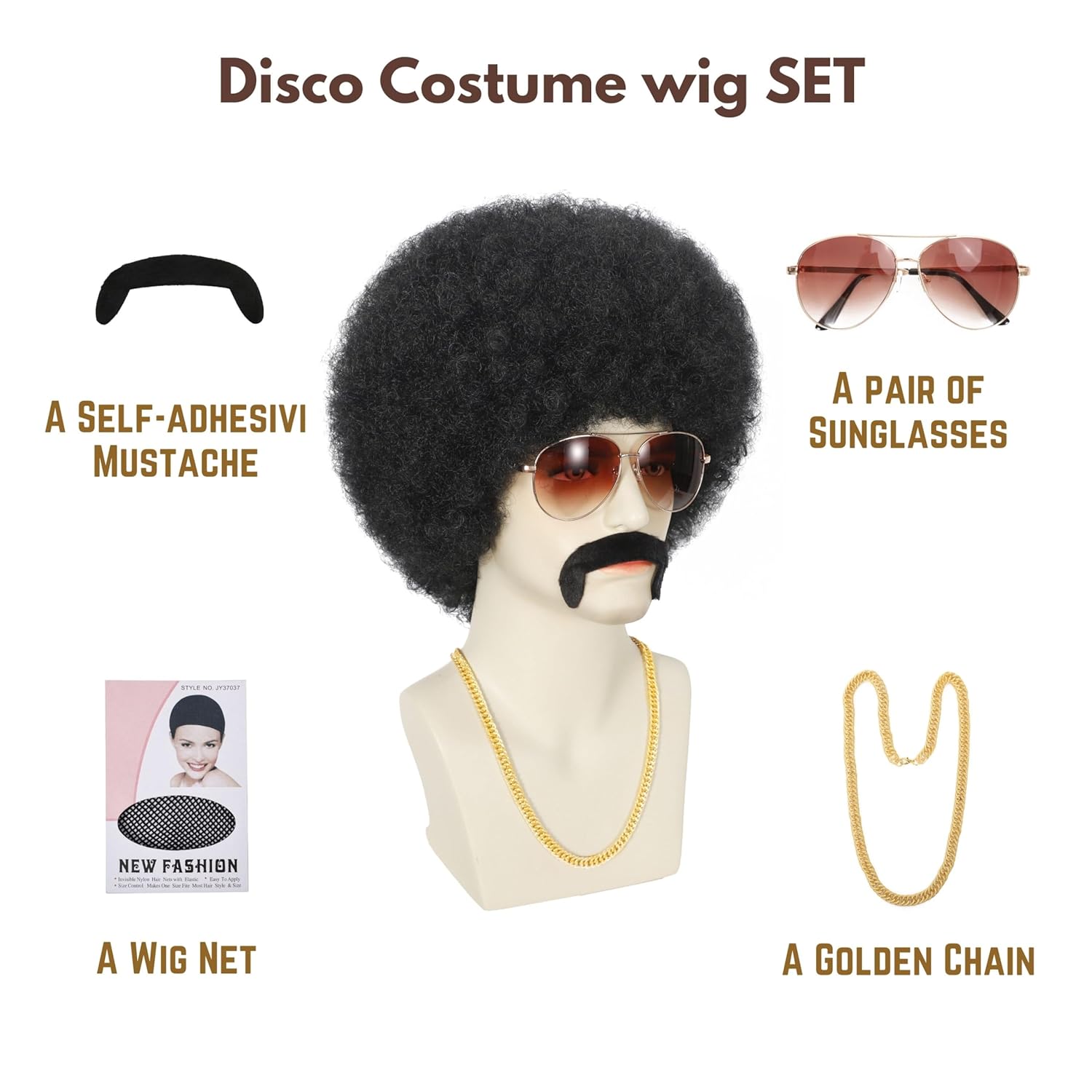5Pcs Set Disco Style Afro Wig for Men 70s/80s Theme Parties, Curly and Fluffy Costume Wigs with Synthetic Hair, Hippie Rocker Afro Wig for Cosplay/Halloween/Dress up (Black) - Image 2