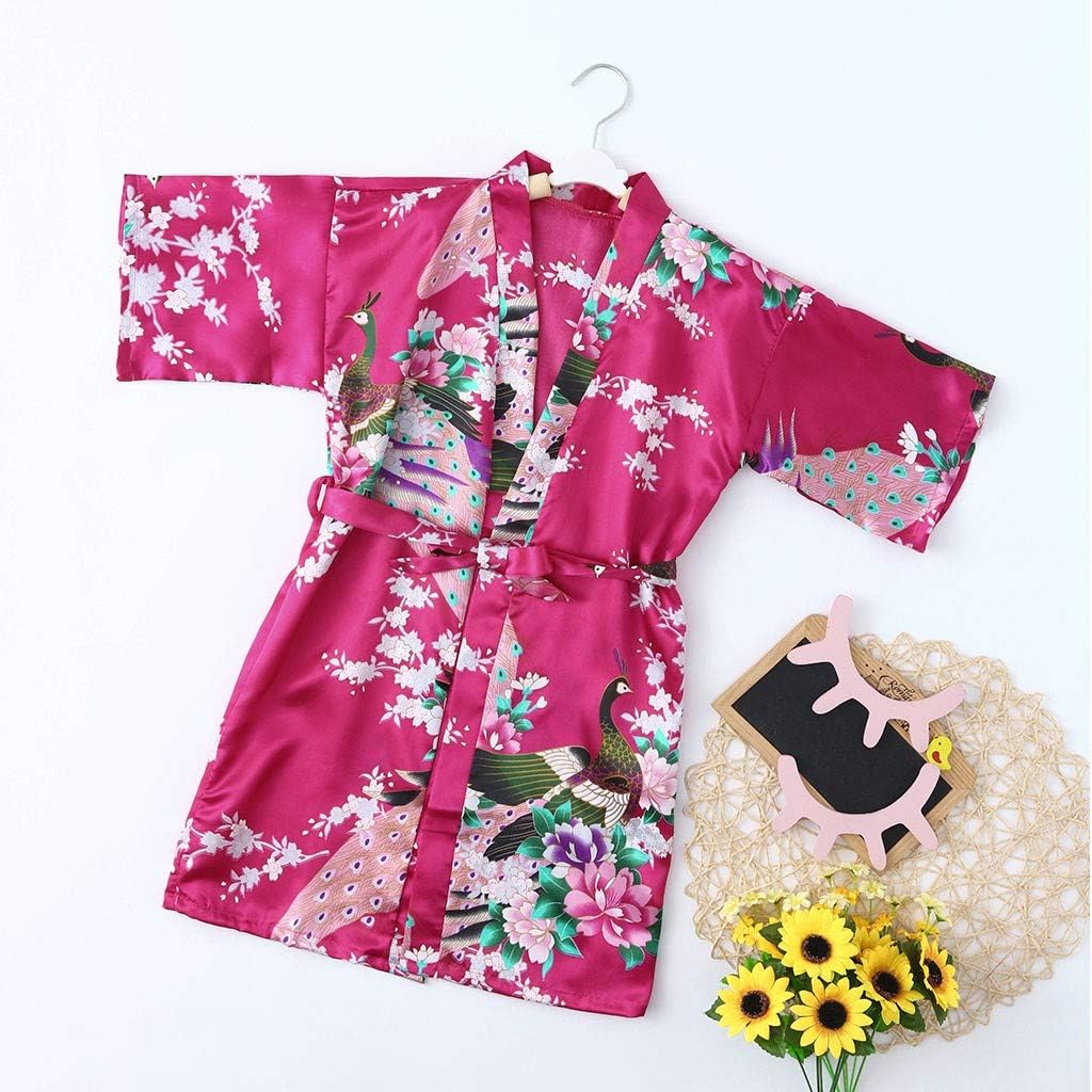 Robes Toddler Clothes Kimono Silk Sleepwear Satin Girls Bathrobe Floral Baby Kid Girls Kids Jacket with (Hot Pink, 12)