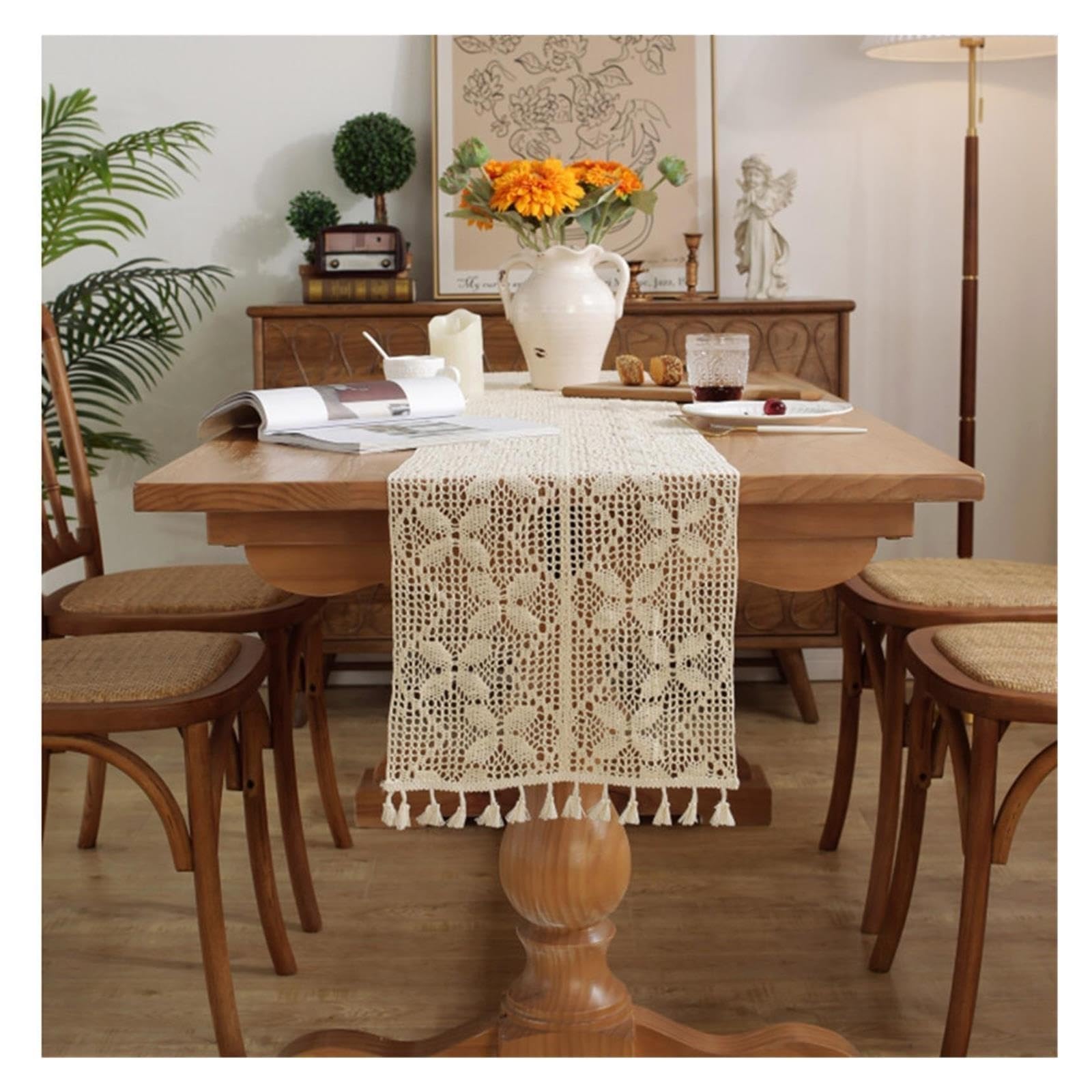 Chemin de Table au Crochet Chemin de Table à Pampilles au Crochet Beige