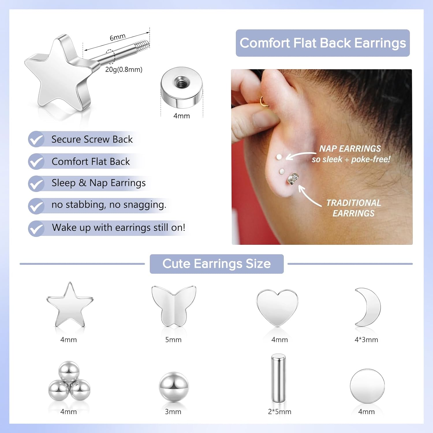 Flatback Stud Earrings for Women Hypoallergenic Gold Silver Surgical Stainless Steel Screw Back Earrings Stack Small Cute Star Heart Butterfly Stud Sets for Helix Cartilage Multiple Piercing - Image 3