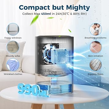 AROEVE Dehumidifier 990ml, Compact Quiet Small Dehumidifier for Bedroom with 7 Color Light, Auto Shutoff, Defrost Protect, 24H Use Dehumidifiers for Home, RV, Closets, Bathrooms, Kitchen