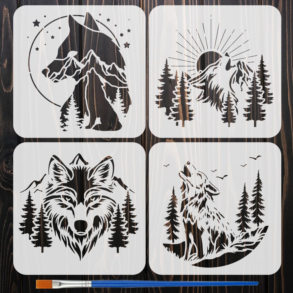 Plantillas de pintura de lobo montañas y bosques para manualidades