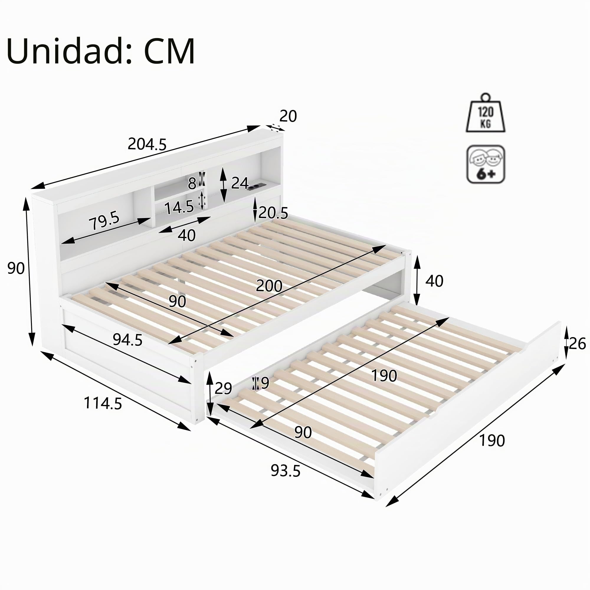 Soweiz Sofá cama, cama de día, iluminación ambiental teledirigida, compartimento de almacenamiento lateral de la cama, cama extraíble, enchufe + USB, sin colchón, camas para niños y niñas (blanco, 90