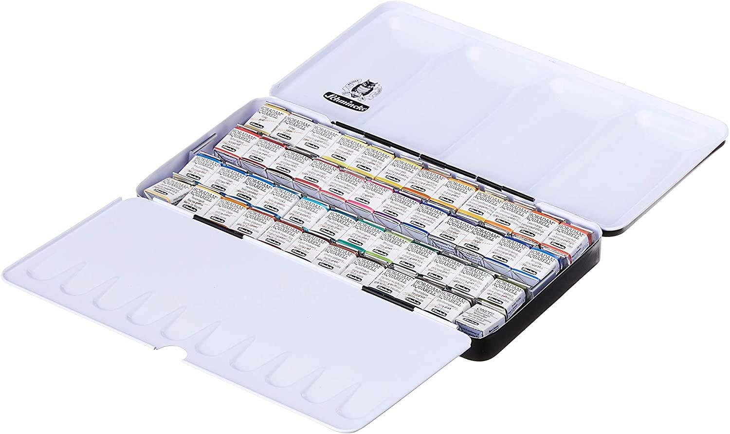 Schmincke Horadam Lot de 48 demi-godets aquarelles dans une boîte en aluminium Sélection générale + 2 cartes postales aquarelles Fabriqué en Allemagne