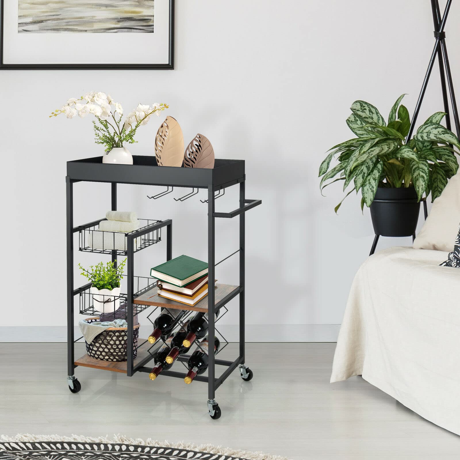 Cocina Carrello da bar cucina a 4 livelli portata con rotelle Portabottiglie Cestino vassoio rimovibile Estante de almacenamiento