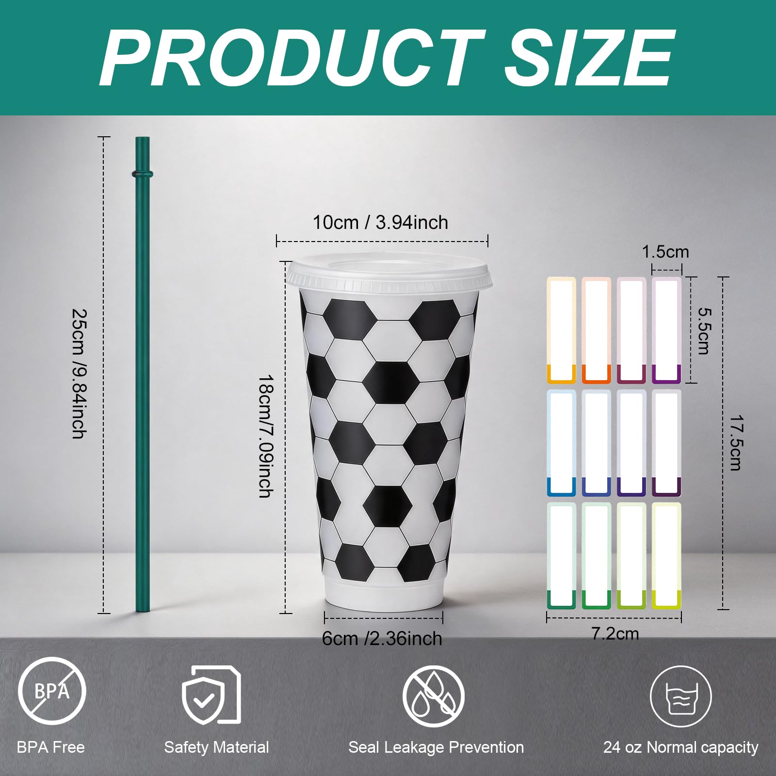 12 vasos de fútbol de 710 ml (24 oz) con tapa y pajita, botellas reutilizables para beber de fútbol, pelota deportiva, fiesta de cumpleaños, regalos para fiestas, fans, decoración de