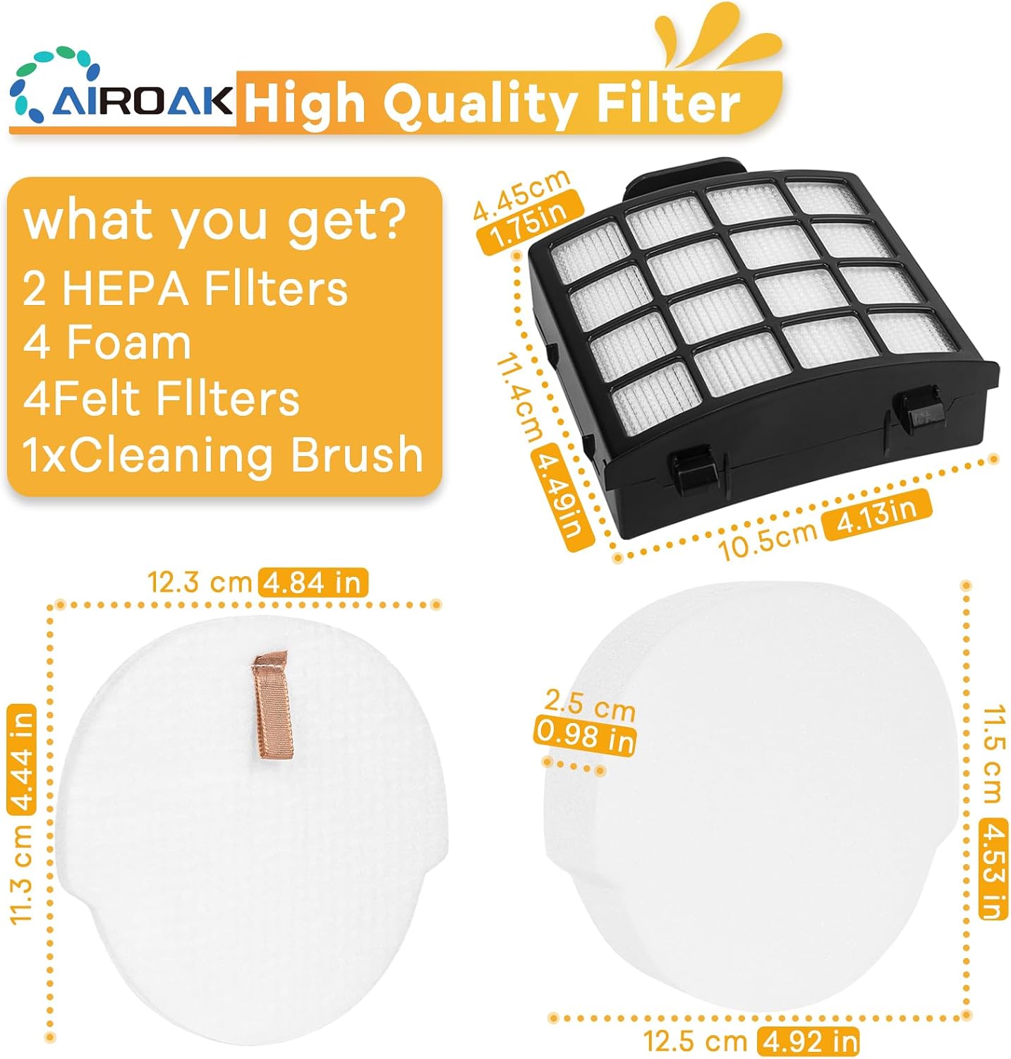 Image showing the complete contents of the Airoak AZ1810 filter replacement kit, including two HEPA filters, four foam filters, four felt filters, and a cleaning brush, with dimensions indicated.