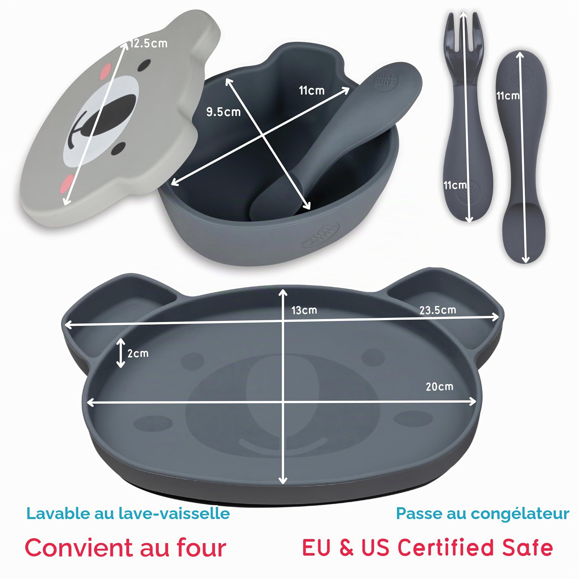TUM TUM Set de Table Enfant, Assiette Ventouse pour Bébé Bol, Couverts Enfant, 6 m+, Kev le Koala, Gris