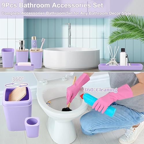 Miniatura 3 de Juego de accesorios de baño morados, juego de accesorios de baño morados de 9 piezas con basura, soporte para cepillos de dientes, taza para cepillo