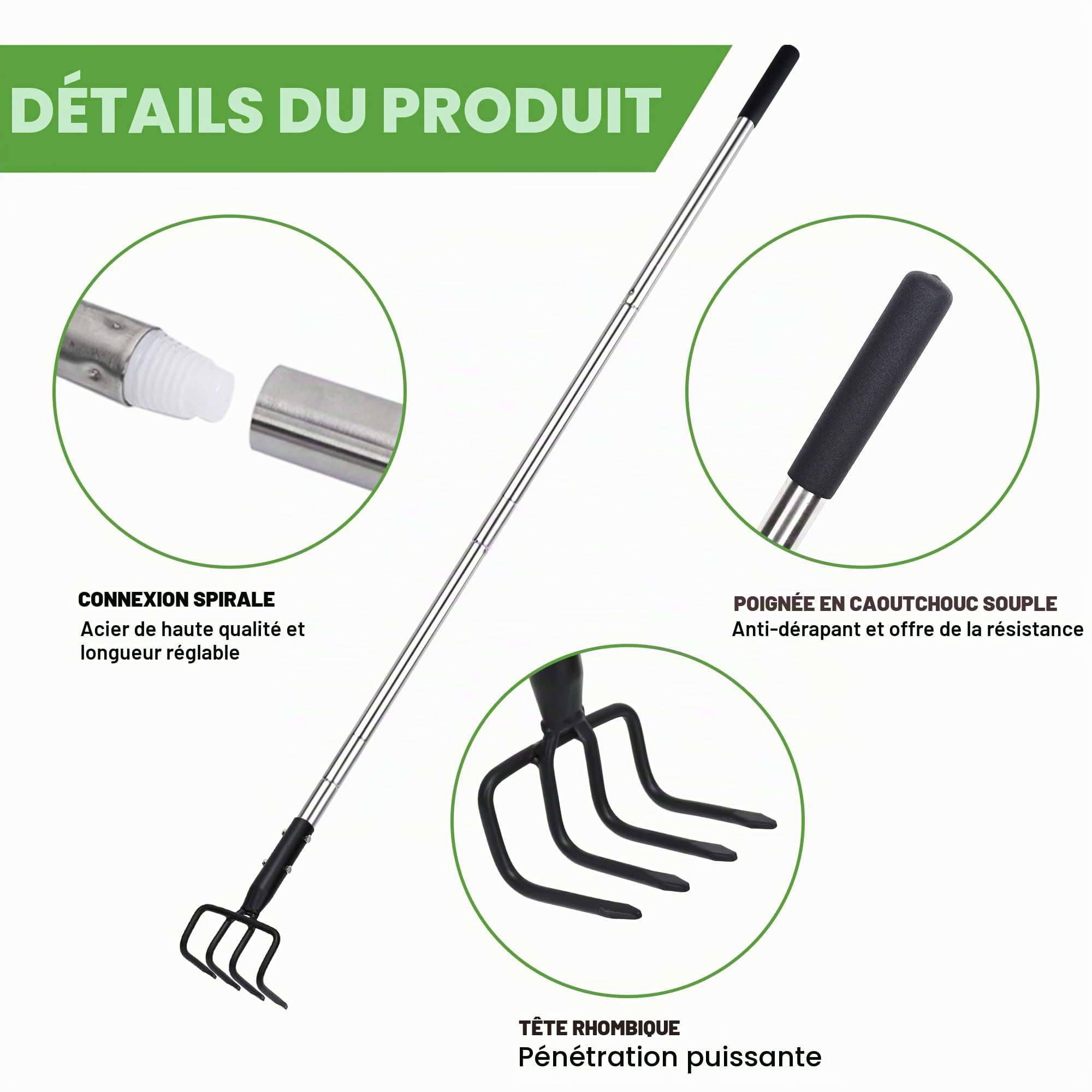 BARAYSTUS Râteau à griffes de jardin et cultivateur à 4 dents avec longue poignée réglable pour l'aération du sol, creuser et désherber