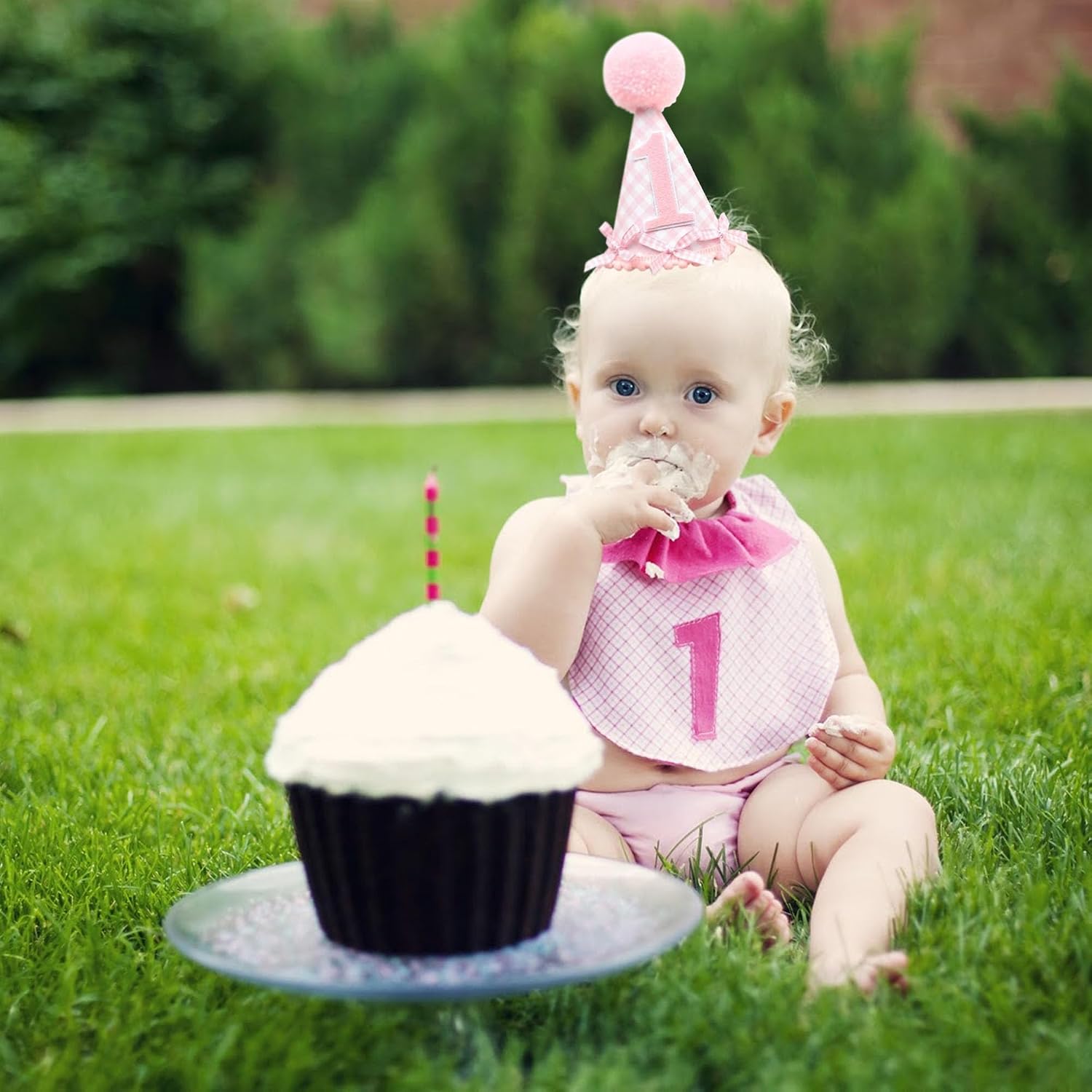 Bow 1st Birthday Hat for Baby Girls, Pink Gingham First Birthday Crown, Bow Theme 1st Birthdays Decorations, Princess One Party Decor for Girls, Cake Smash Props